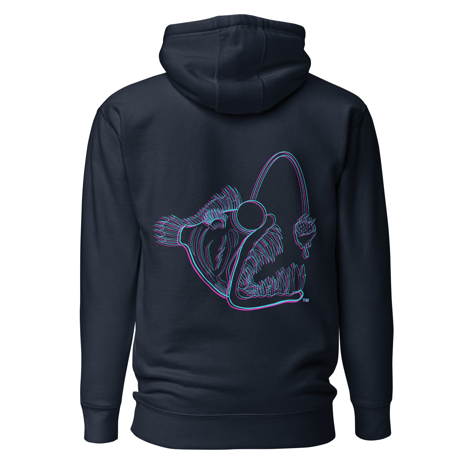 Back view of unisex navy blazer hoodie with 3D angler fish design by The Naughty Angler™
