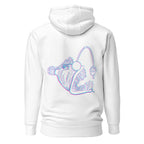 Back view of unisex white hoodie with 3D angler fish design by The Naughty Angler™

