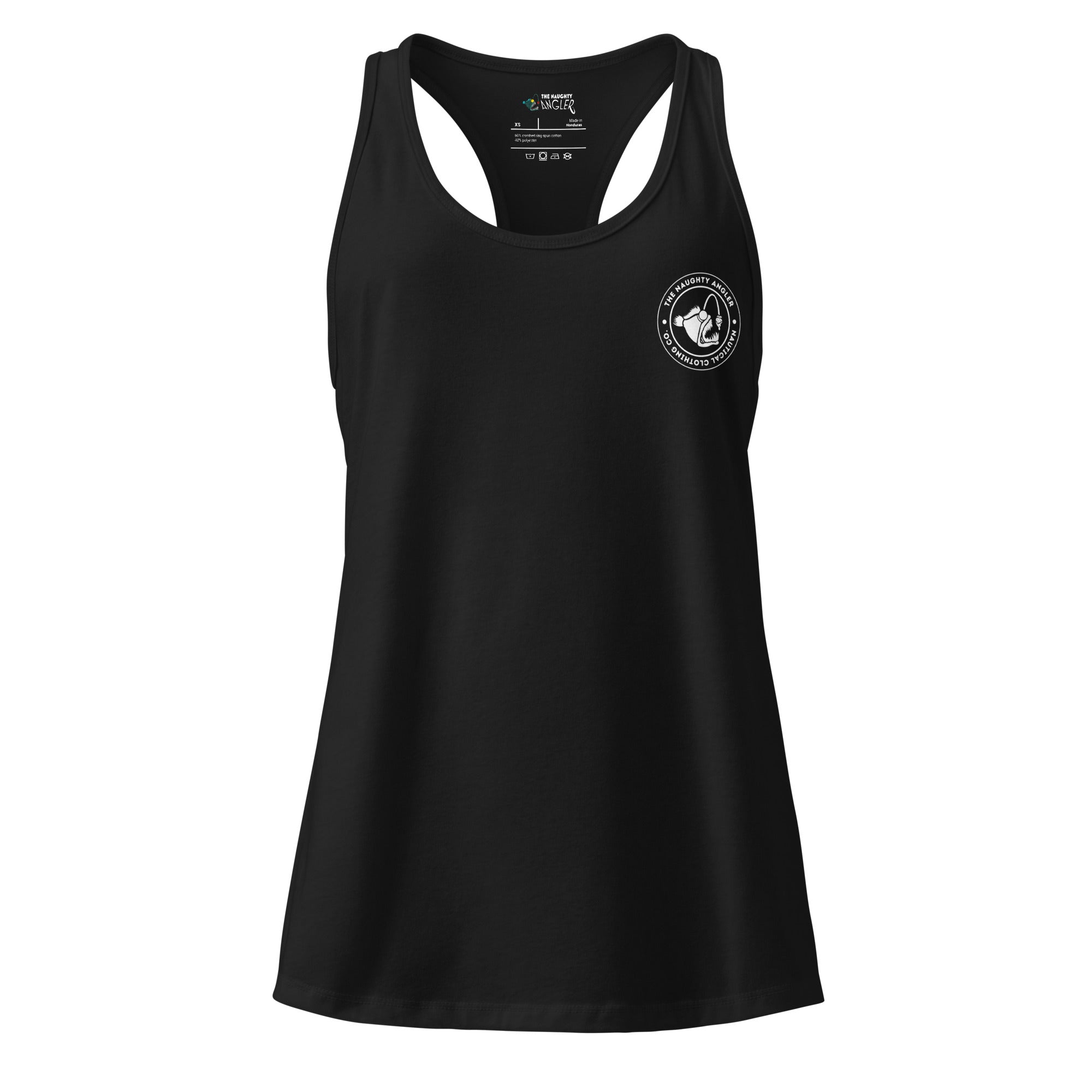 Front view of women’s black fitted racerback tank top with white The Naughty Angler™ circular logo on the right chest
