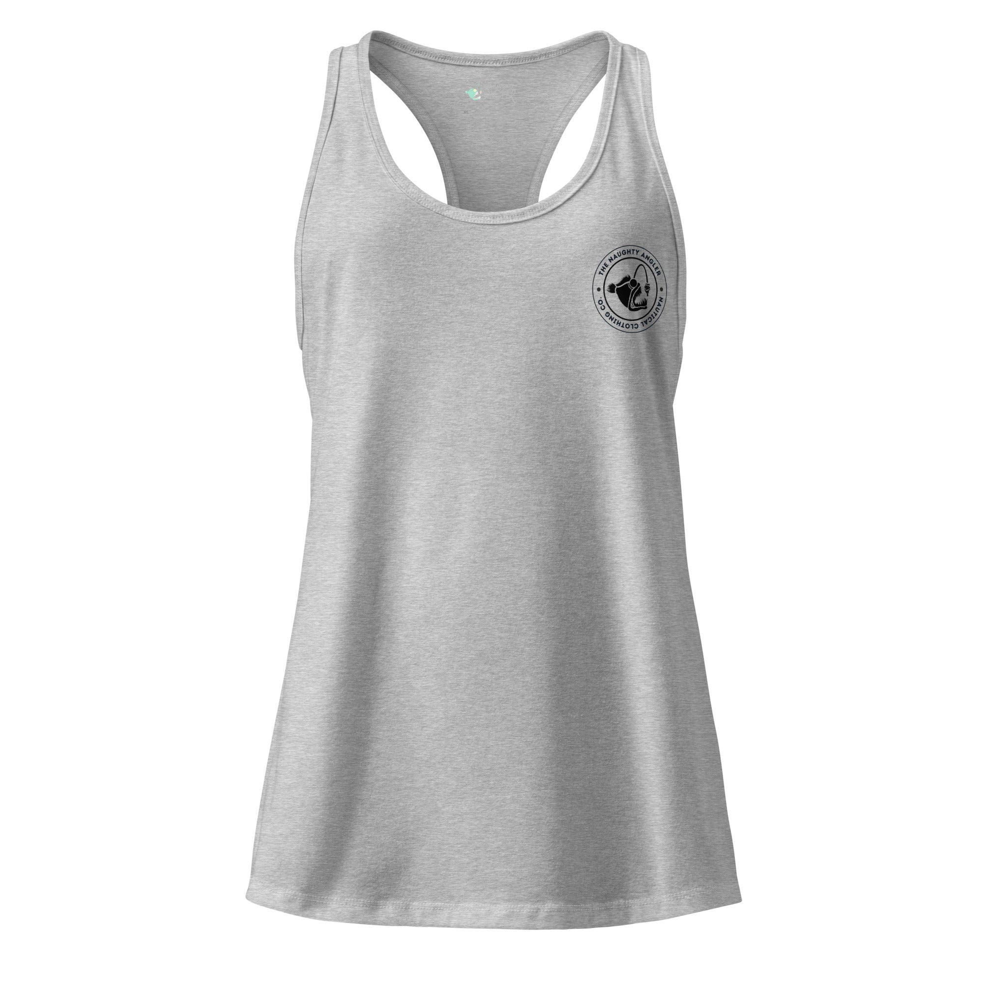 Front view of women’s heather gray fitted racerback tank top with black The Naughty Angler™ circular logo on the right chest
