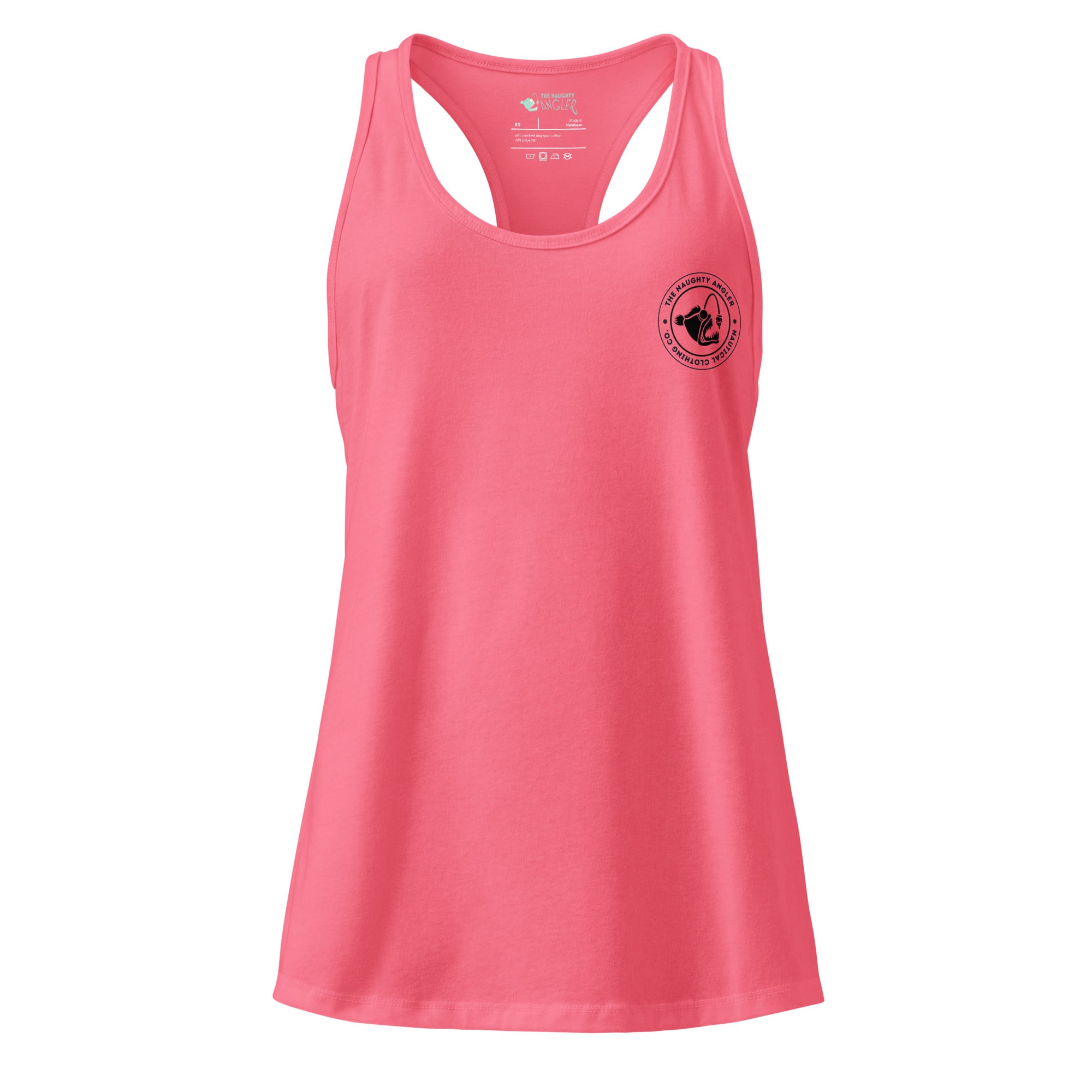 Front view of women’s hot pink fitted racerback tank top with black The Naughty Angler™ circular logo on the right chest
