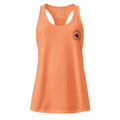 Front view of women’s light orange fitted racerback tank top with black The Naughty Angler™ circular logo on the right chest
