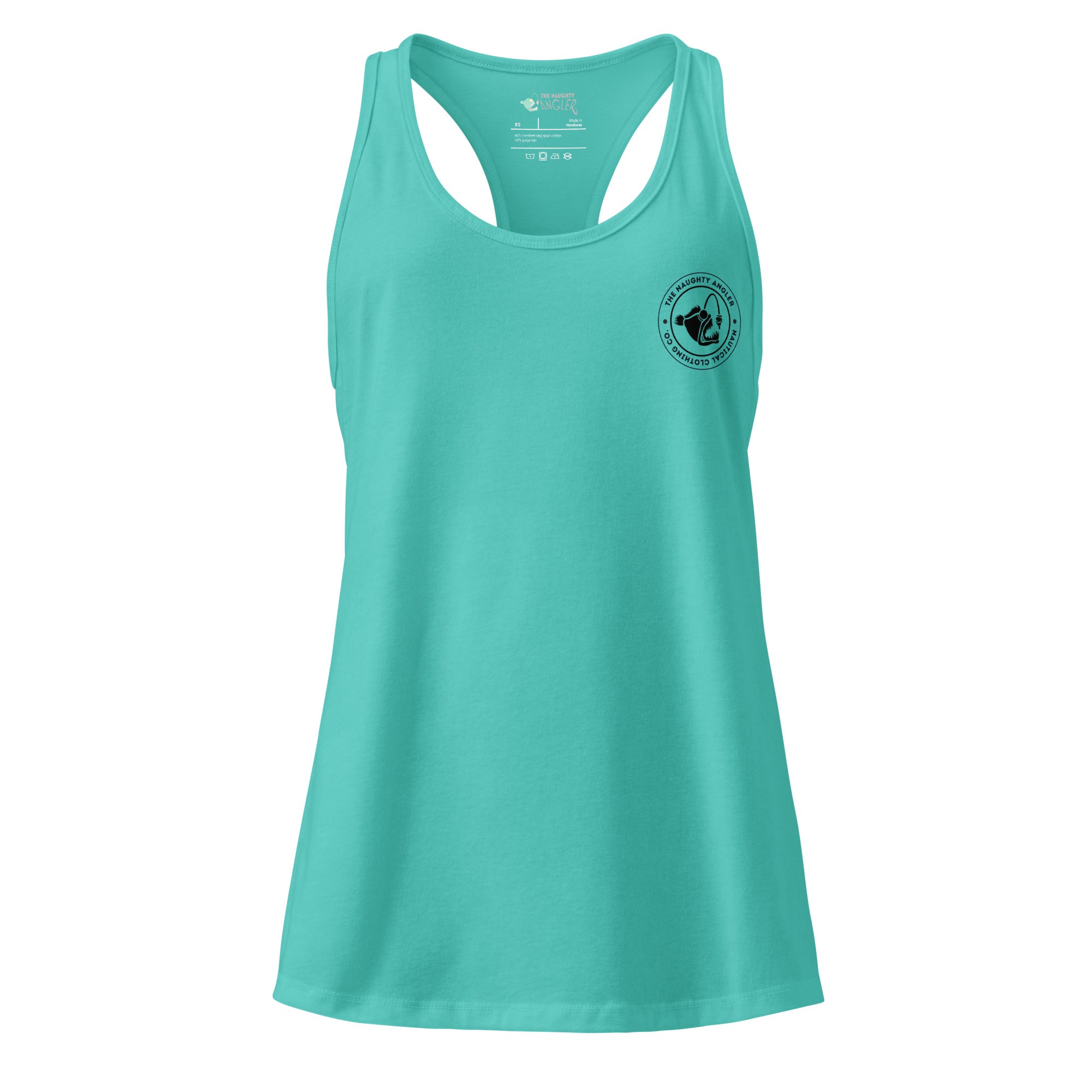 Front view of women’s Tahiti blue fitted racerback tank top with black The Naughty Angler™ circular logo on the right chest
