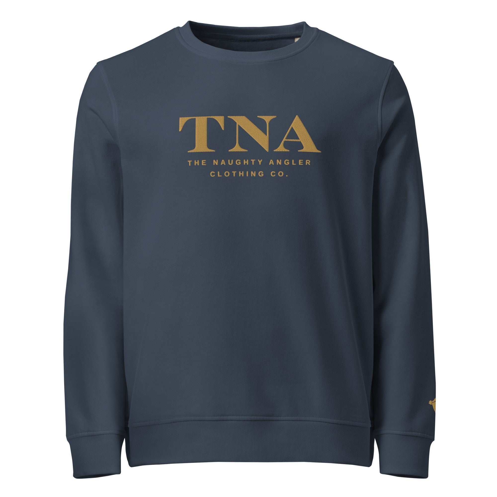 Front view of french navy organic unisex sweatshirt with embroidered TNA and The Naughty Angler Clothing Co.