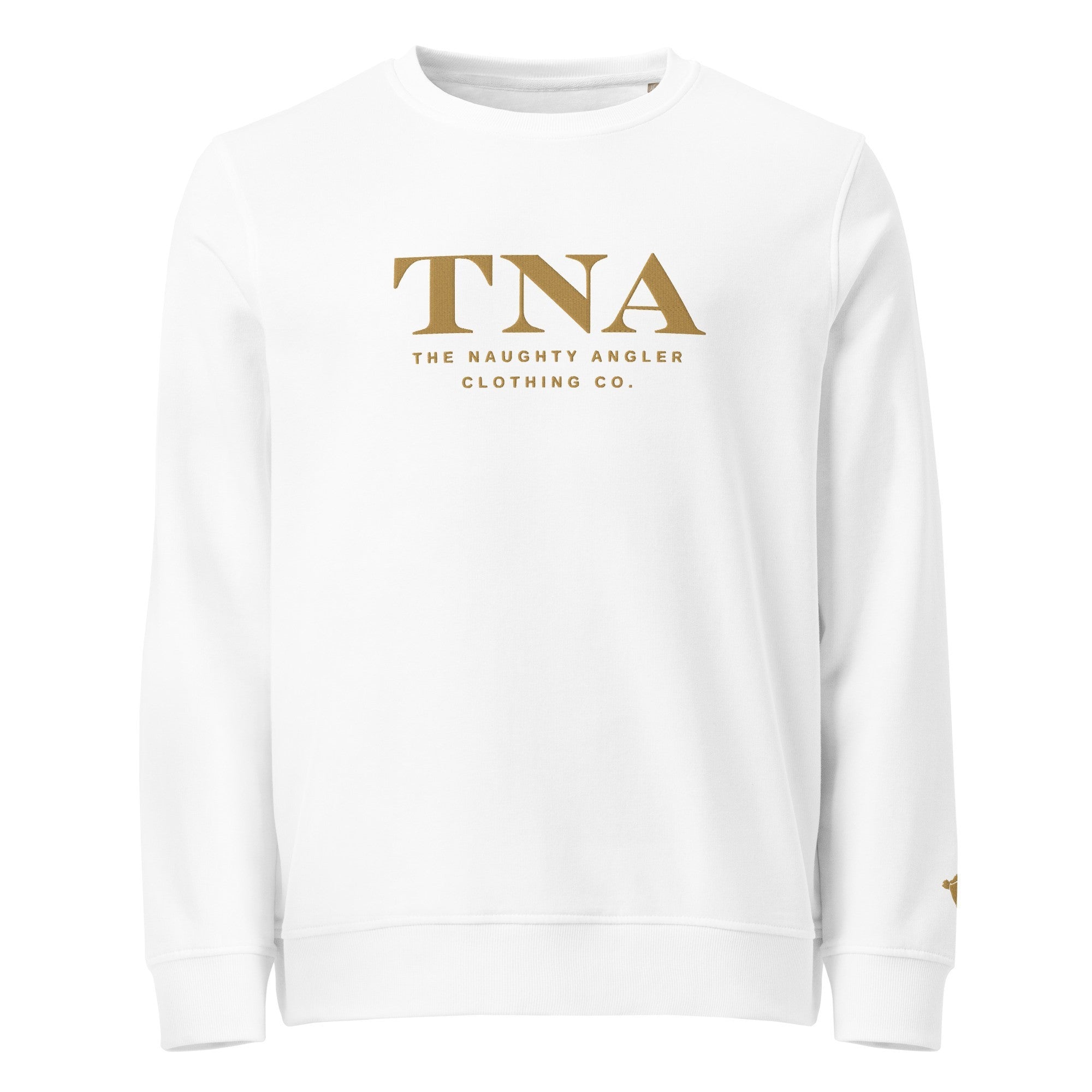 Front view of white organic unisex sweatshirt with embroidered TNA and The Naughty Angler Clothing Co.