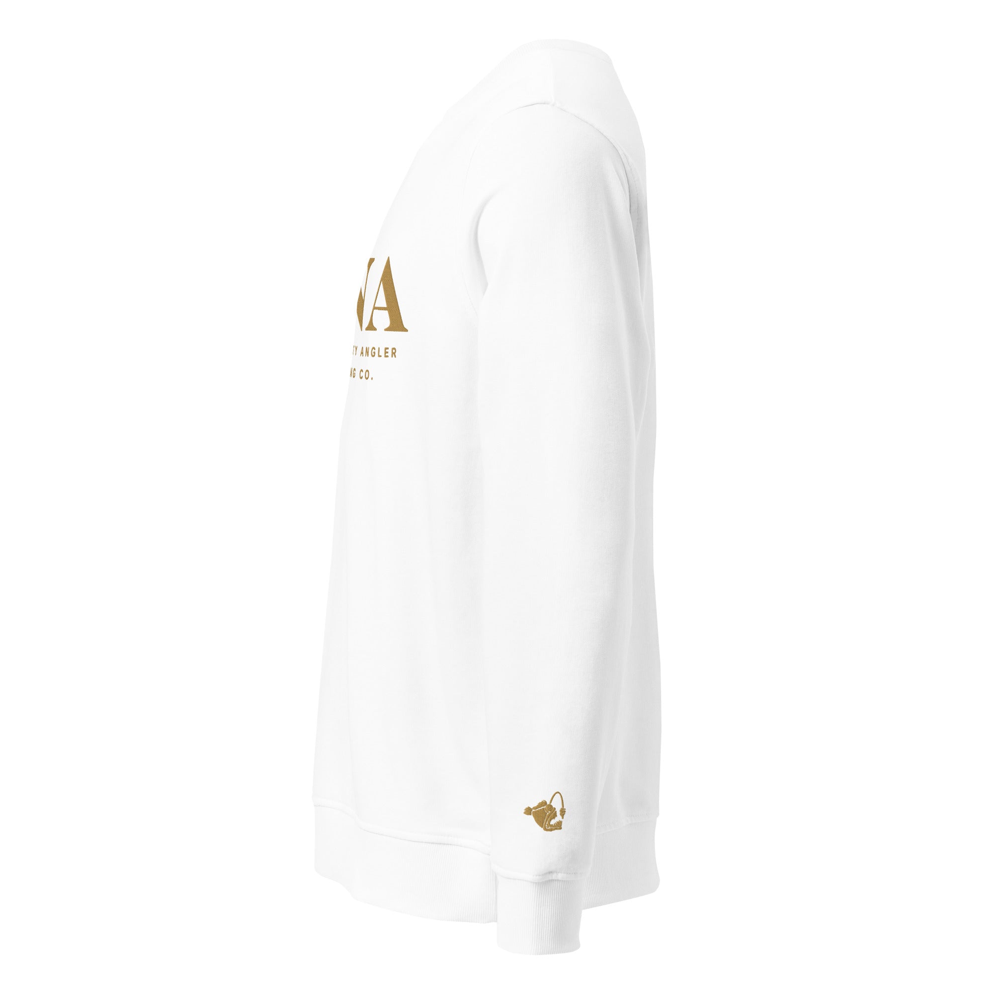 Close-up of left sleeve showing embroidered angler fish near the cuff on white organic sweatshirt