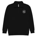 Front view of unisex black fleece pullover with white embroidered The Naughty Angler™ logo on the right chest
