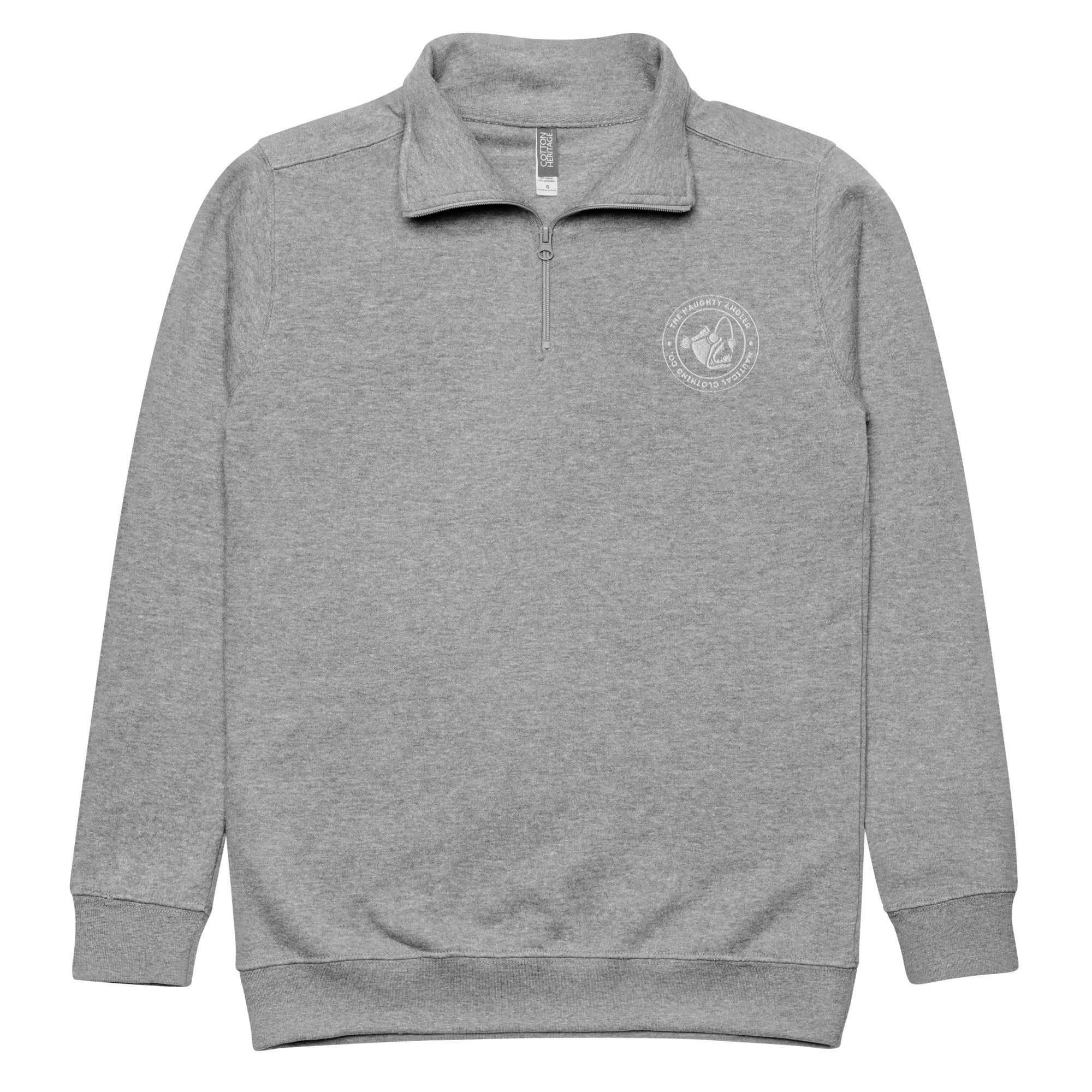 Front view of unisex carbon grey fleece pullover with white embroidered The Naughty Angler™ logo on the right chest
