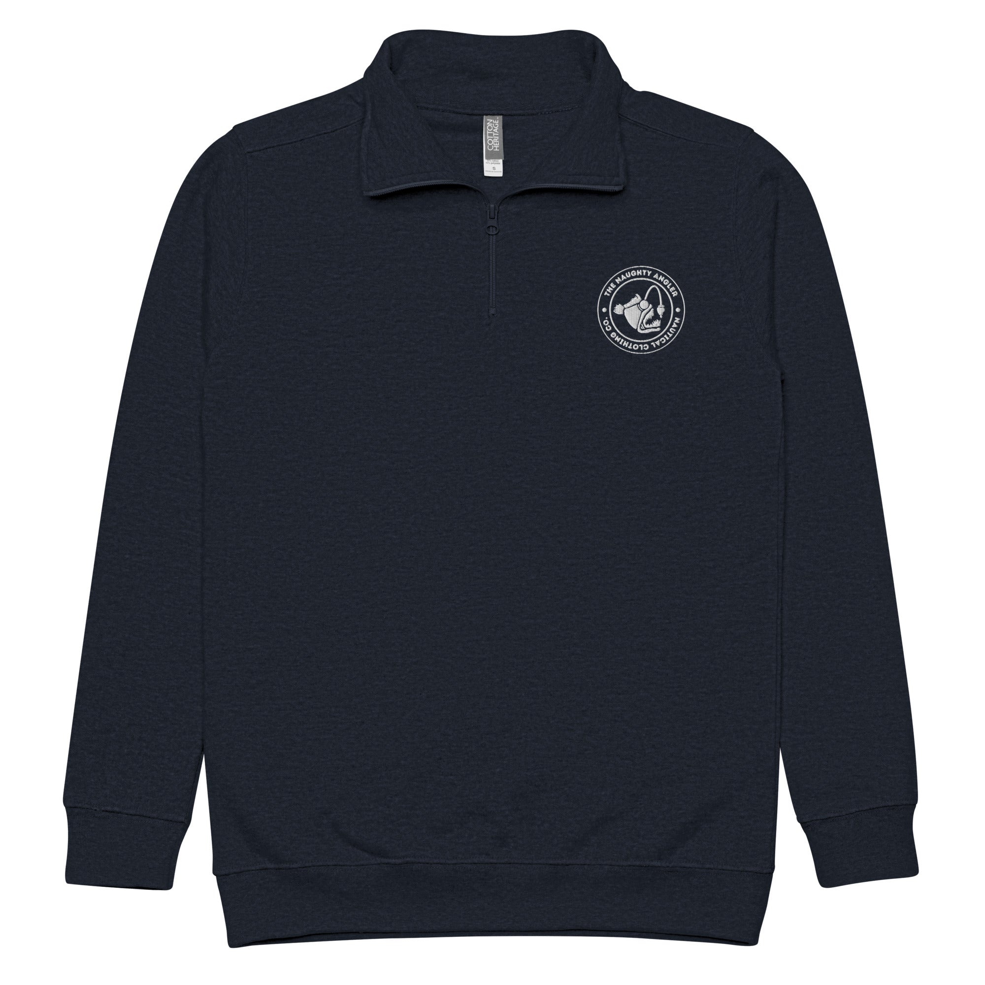 Front view of unisex navy fleece pullover with white embroidered The Naughty Angler™ logo on the right chest
