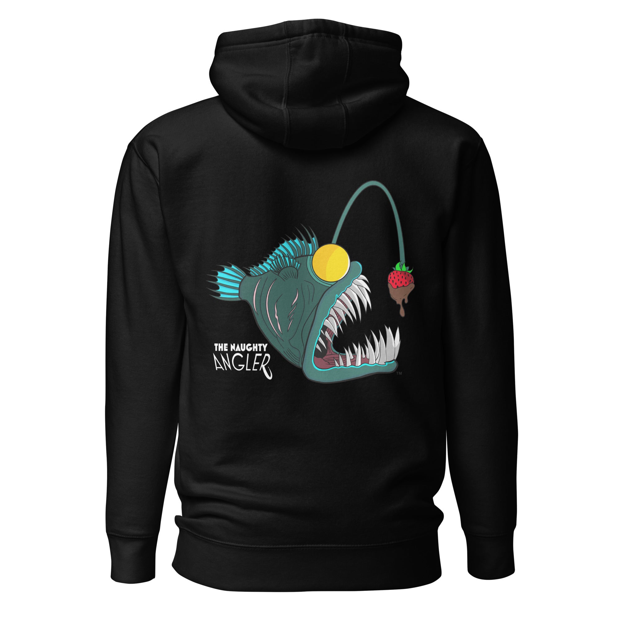Back view of unisex black premium hoodie with full-colour angler fish logo by The Naughty Angler™
