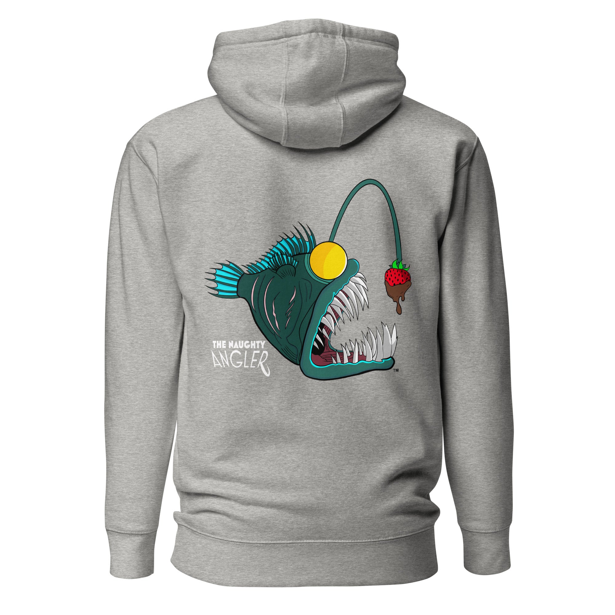 Back view of unisex carbon grey premium hoodie with full-colour angler fish logo by The Naughty Angler™
