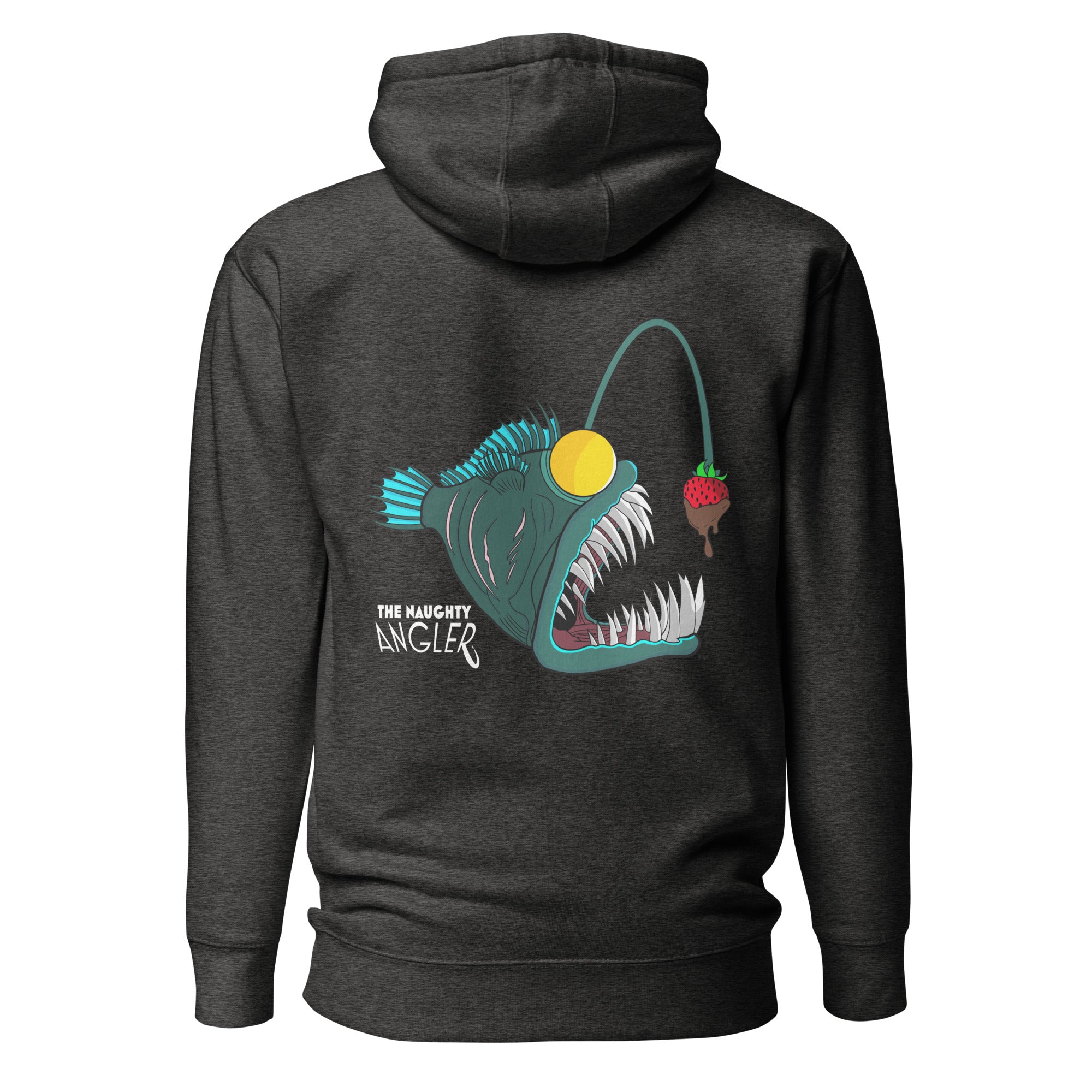 Back view of unisex charcoal heather premium hoodie with full-colour angler fish logo by The Naughty Angler™
