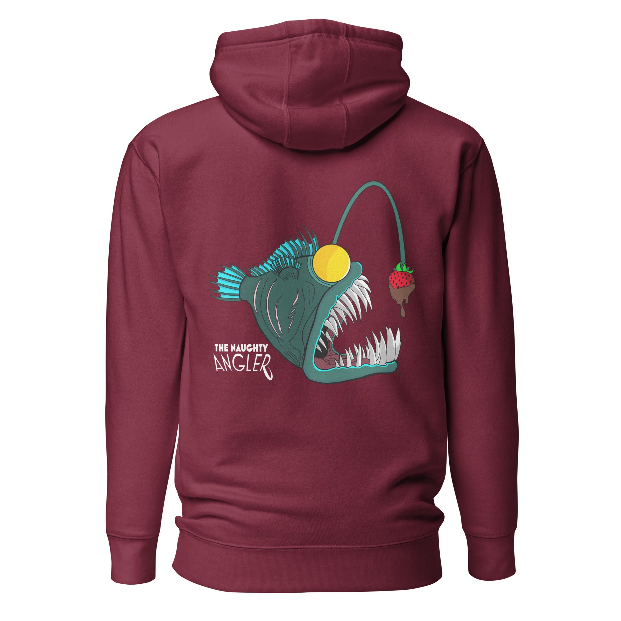 Back view of unisex maroon premium hoodie with full-colour angler fish logo by The Naughty Angler™
