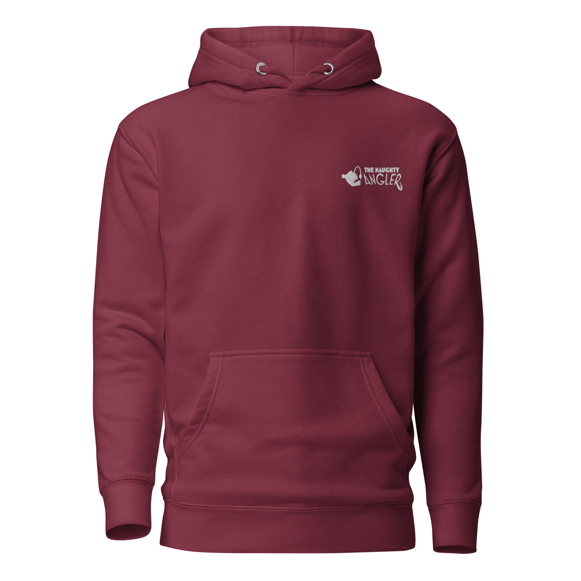 Front view of unisex maroon premium hoodie with embroidered The Naughty Angler™ logo
