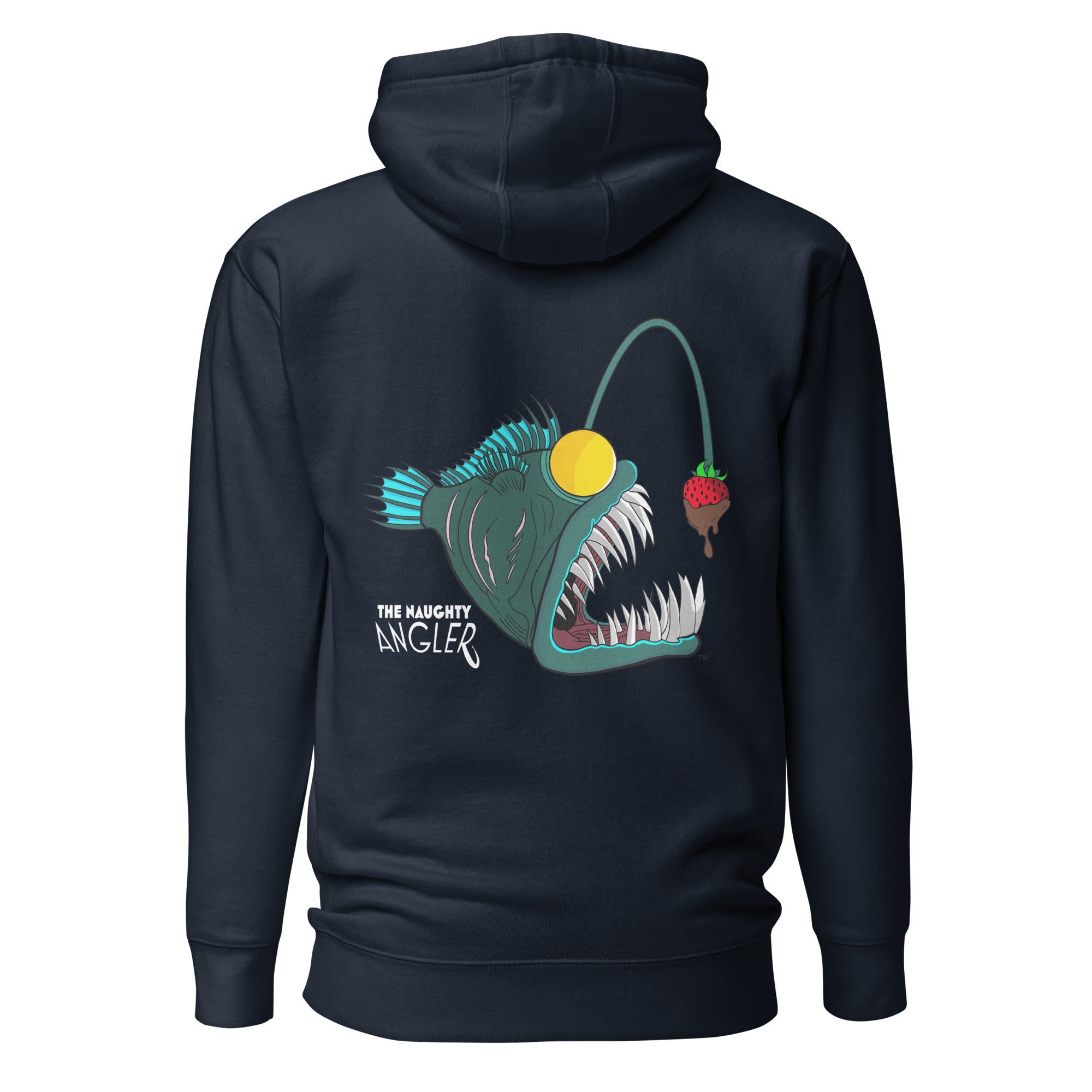 Back view of unisex navy blazer premium hoodie with full-colour angler fish logo by The Naughty Angler™
