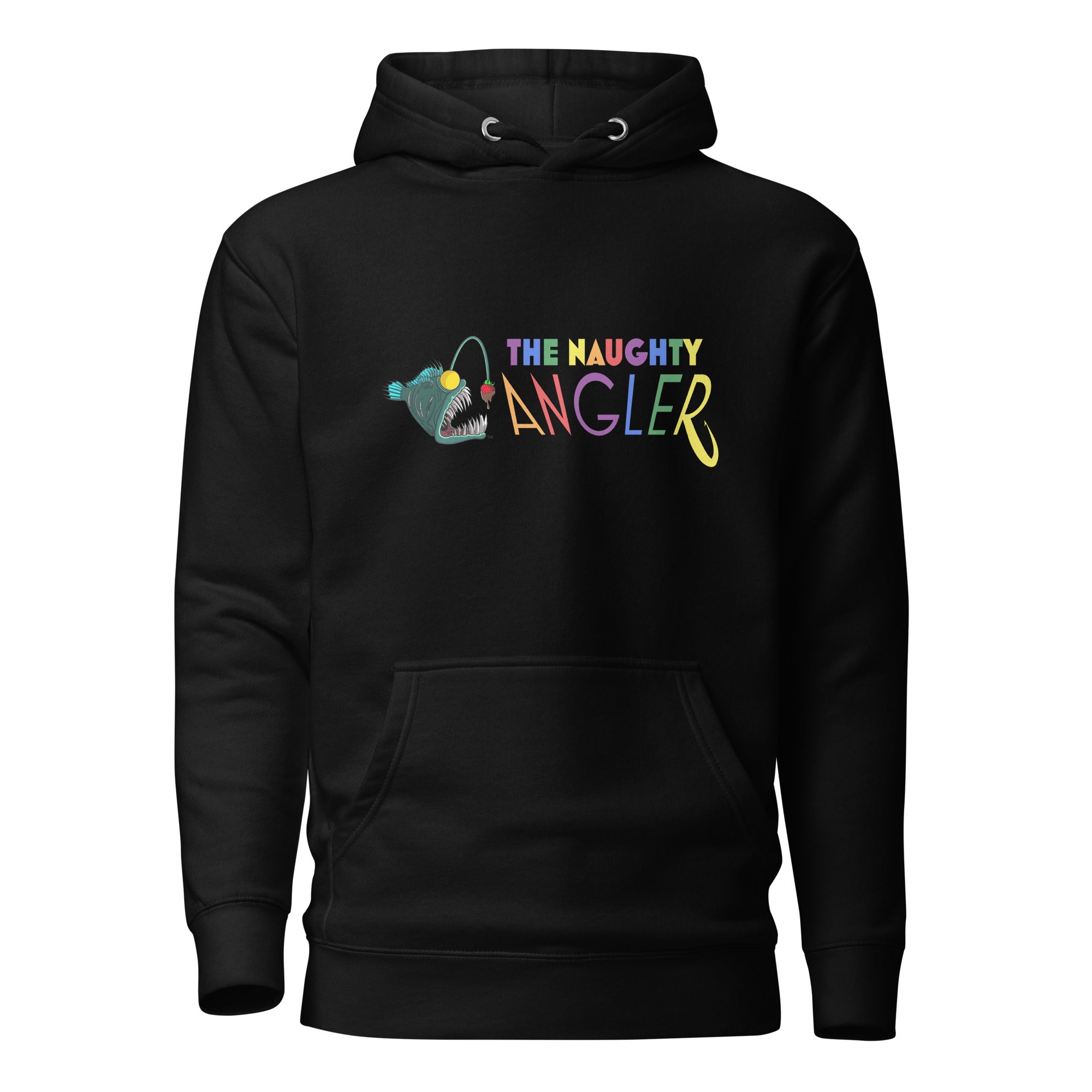 Front view of unisex black hoodie with The Naughty Angler™ official logo featuring letters in pride colours
