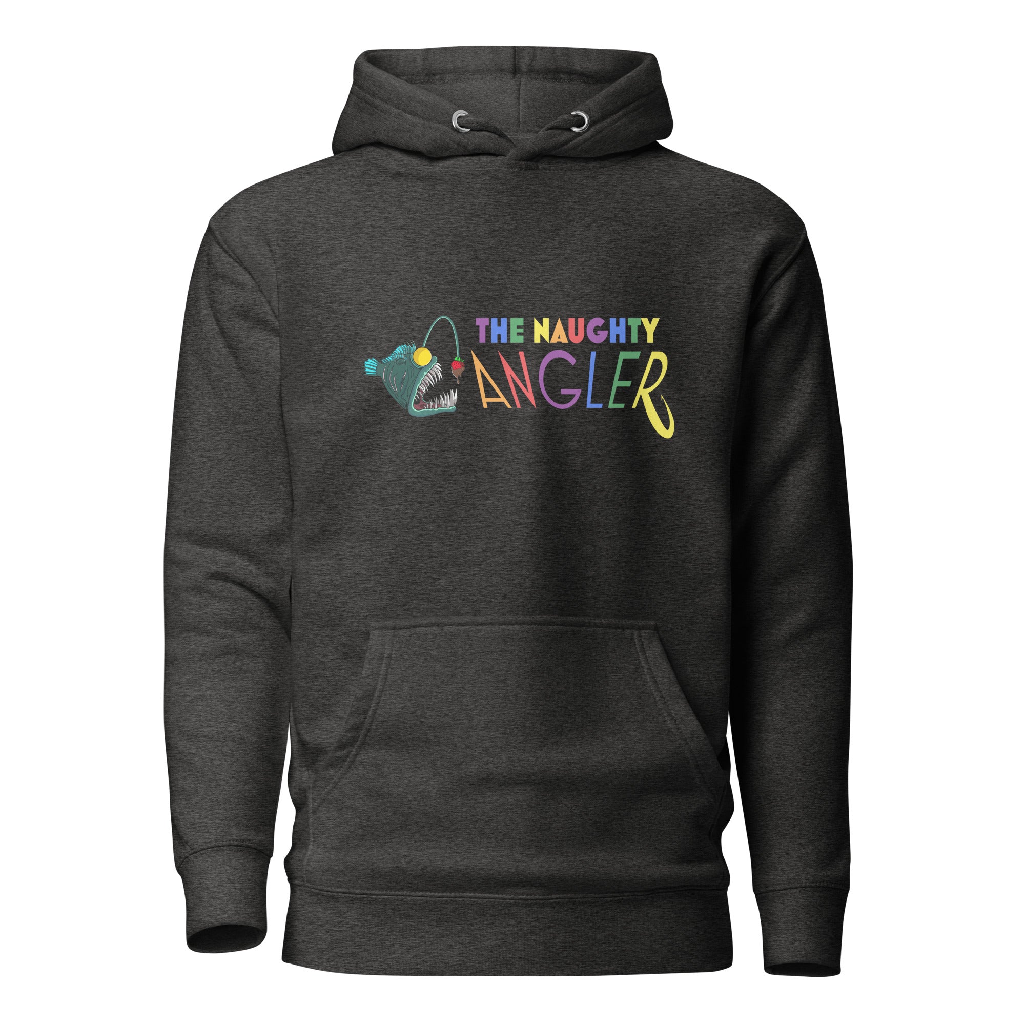 Front view of unisex charcoal heather hoodie with The Naughty Angler™ official logo featuring letters in pride colours

