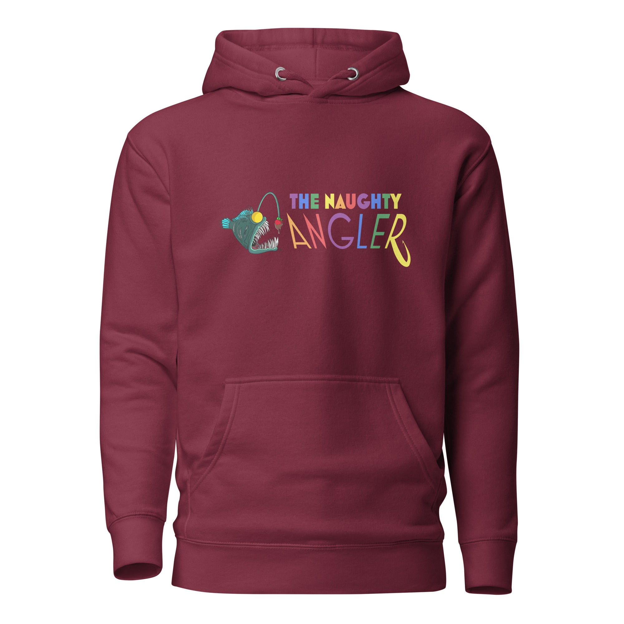 Front view of unisex maroon hoodie with The Naughty Angler™ official logo featuring letters in pride colours
