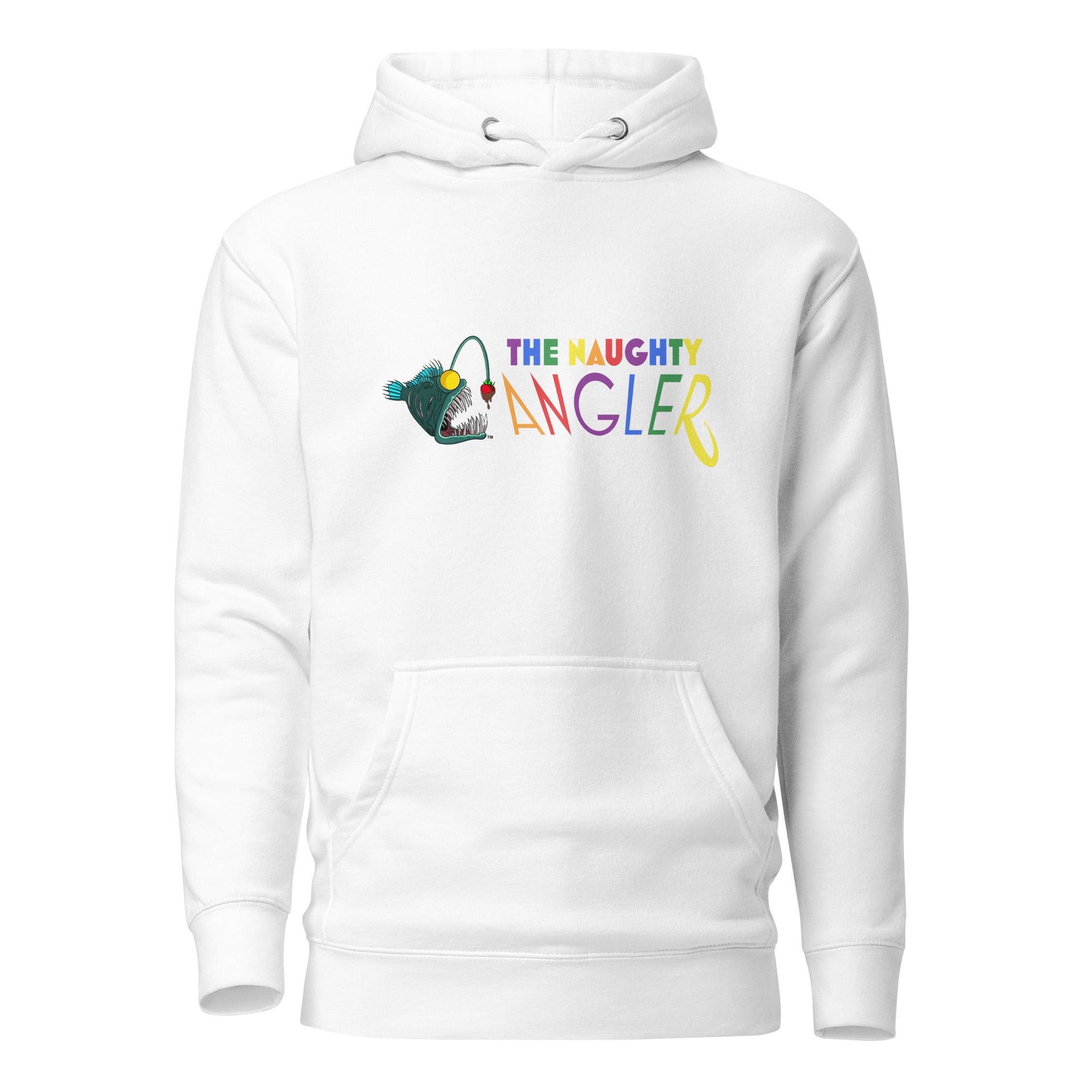 Front view of unisex white hoodie with The Naughty Angler™ official logo featuring letters in pride colours
