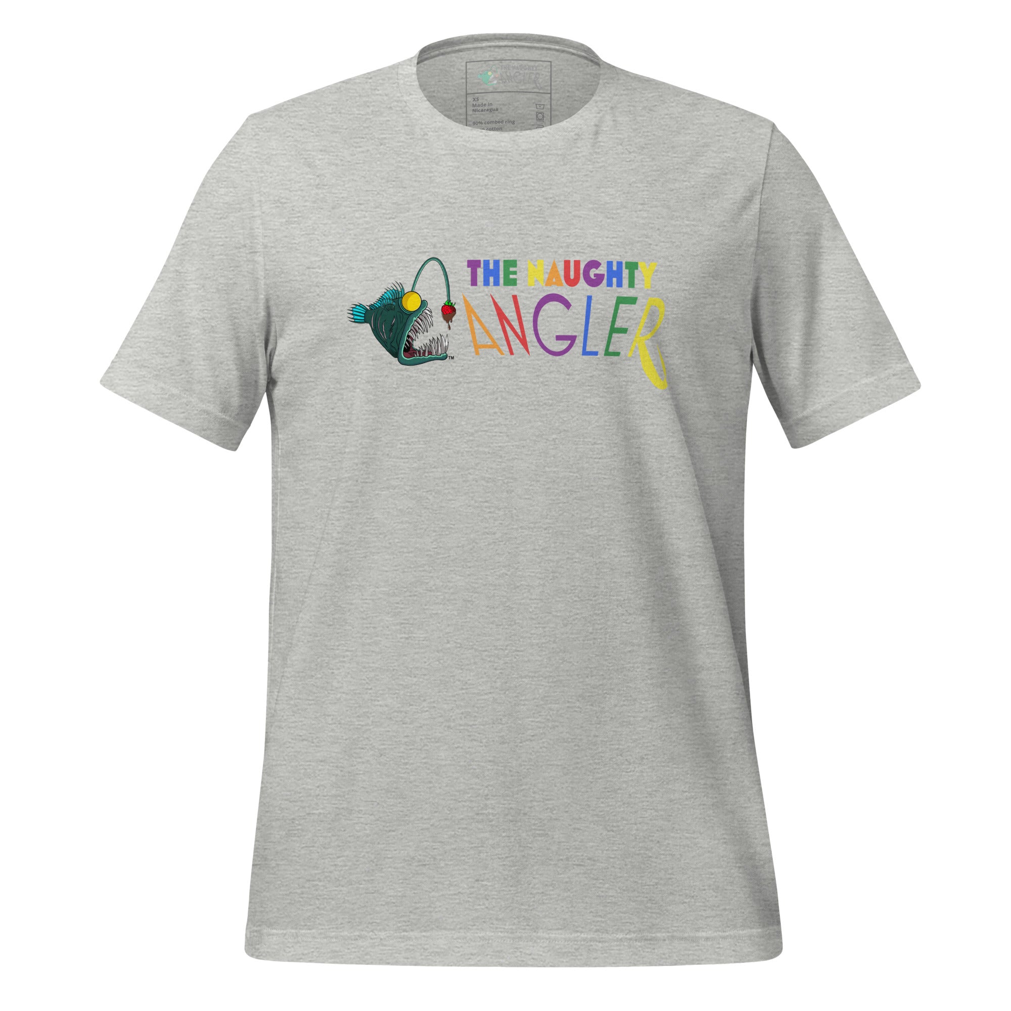 Front view of unisex athletic heather T-shirt with The Naughty Angler™ official logo featuring letters in pride colours
