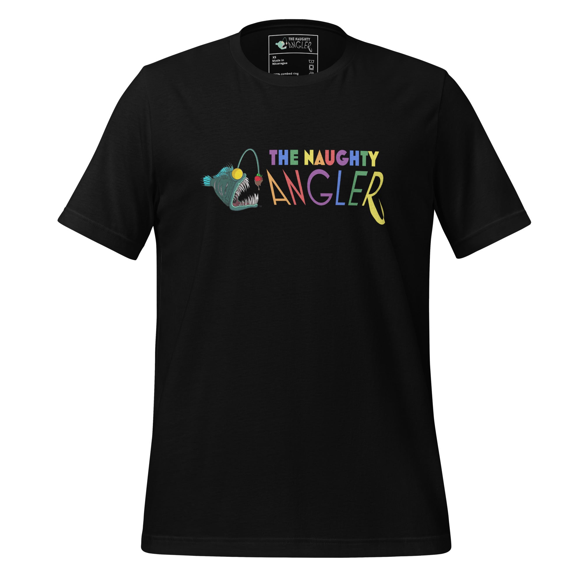 Front view of unisex black T-shirt with The Naughty Angler™ official logo featuring letters in pride colours
