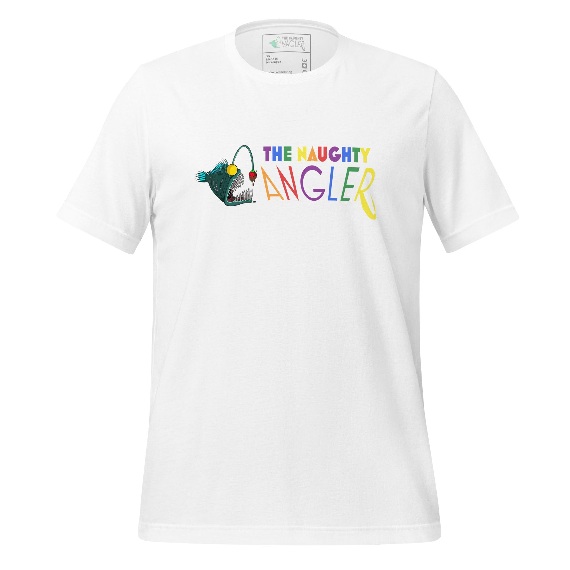 Front view of unisex white T-shirt with The Naughty Angler™ official logo featuring letters in pride colours
