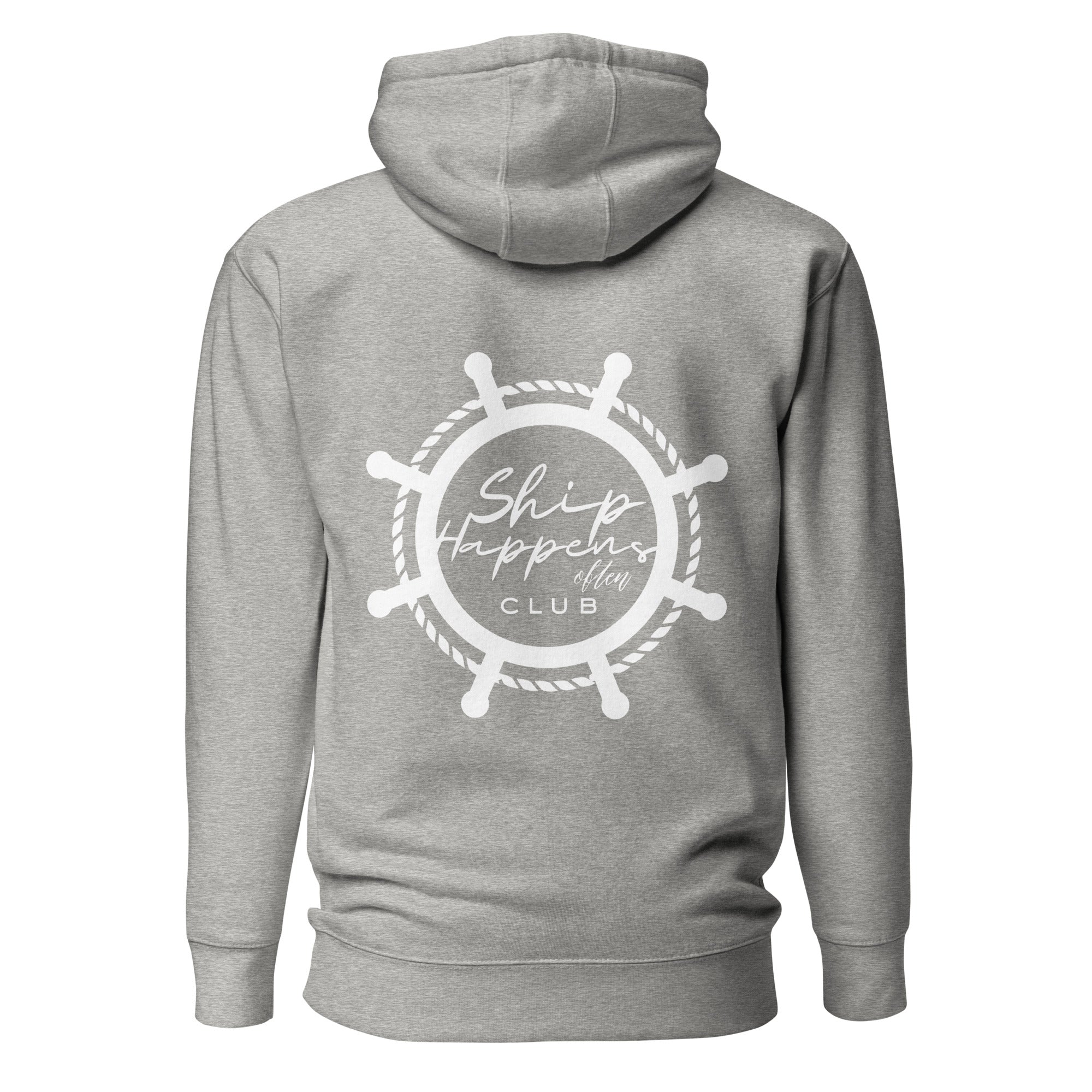 Back view of unisex carbon grey hoodie with white captain’s wheel silhouette and the saying “Ship Happens Often Club” inside the wheel by The Naughty Angler™
