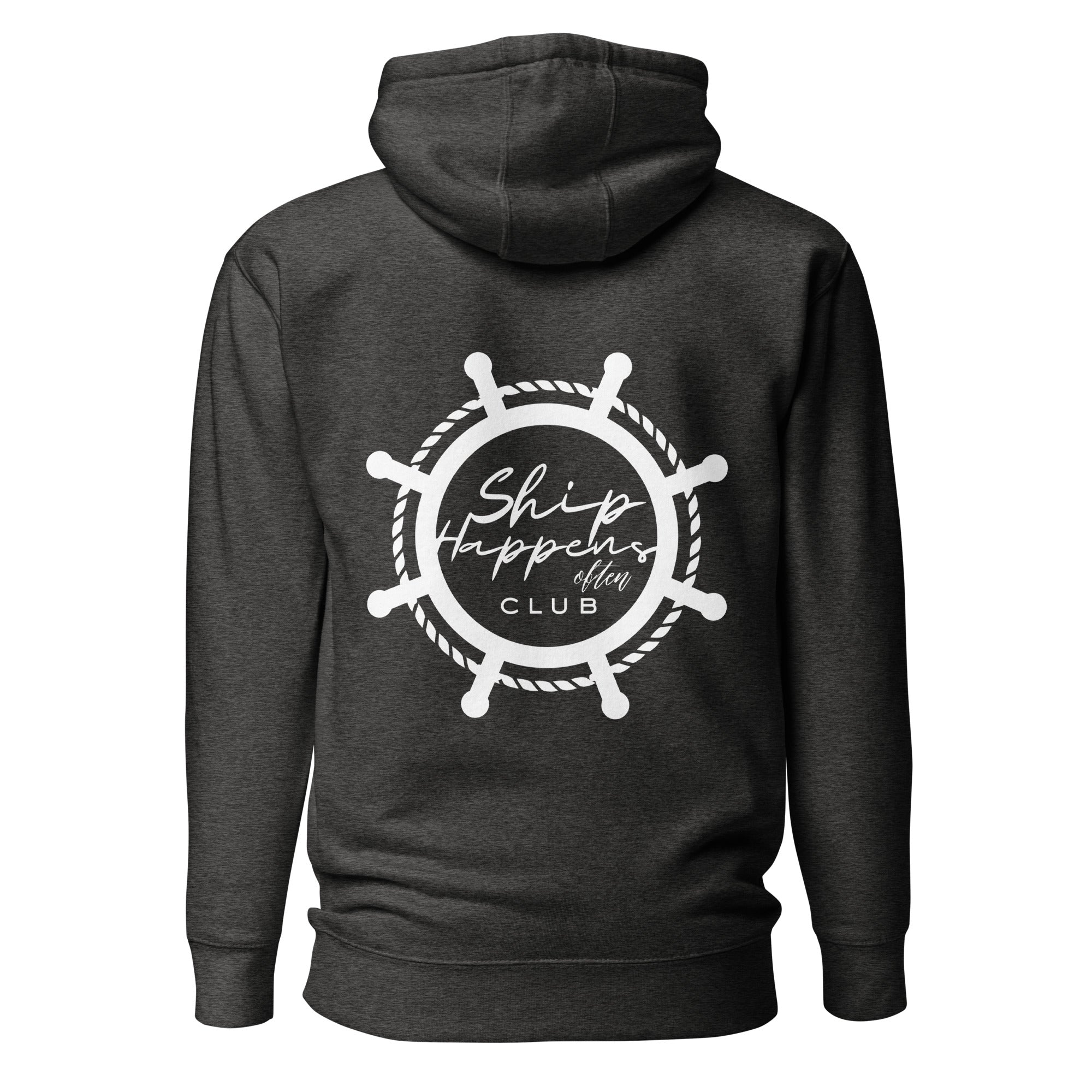 Back view of unisex charcoal heather hoodie with white captain’s wheel silhouette and the saying “Ship Happens Often Club” inside the wheel by The Naughty Angler™
