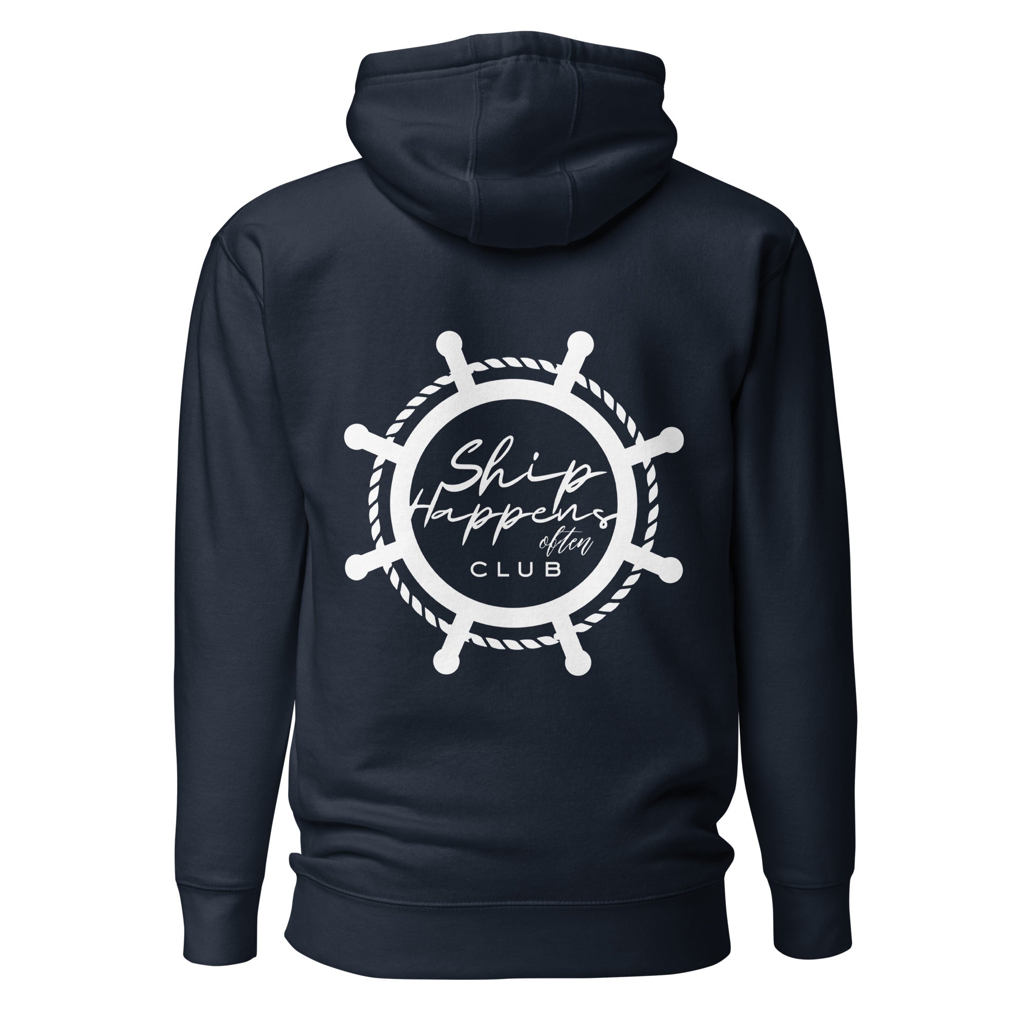 Back view of unisex navy blazer hoodie with white captain’s wheel silhouette and the saying “Ship Happens Often Club” inside the wheel by The Naughty Angler™
