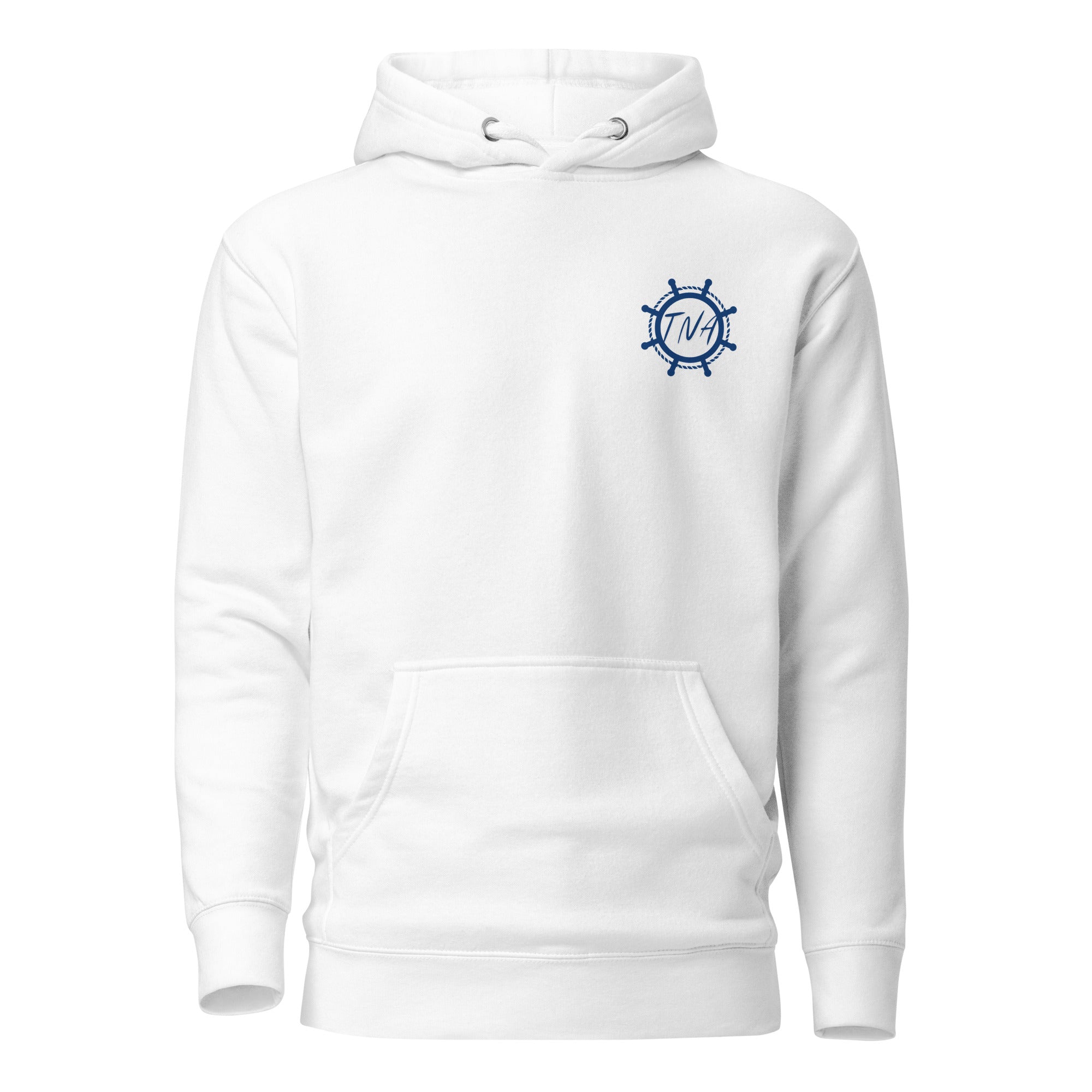 Front view of unisex white hoodie with small right chest logo featuring blue TNA lettering and a blue captain’s wheel by The Naughty Angler™
