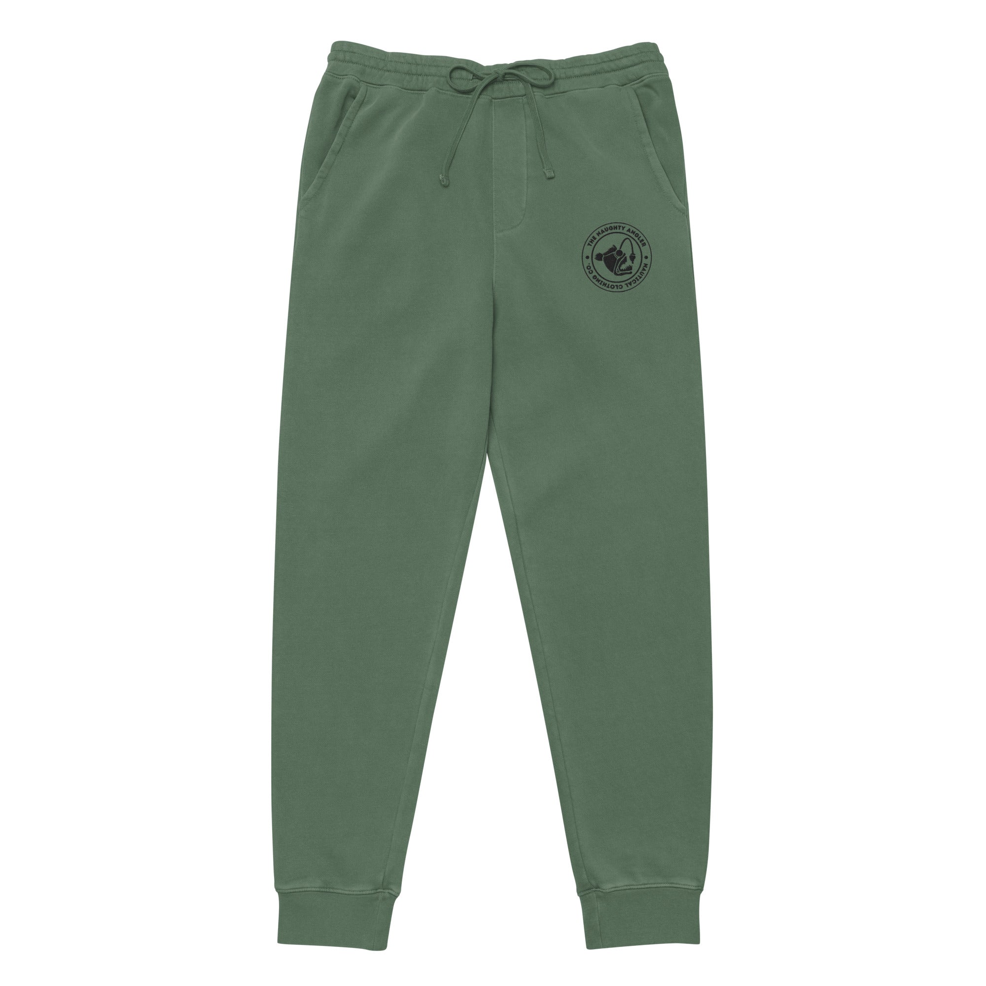 Front view of unisex pigment alpine green pigment-dyed sweatpants with The Naughty Angler™ circular embroidered logo
