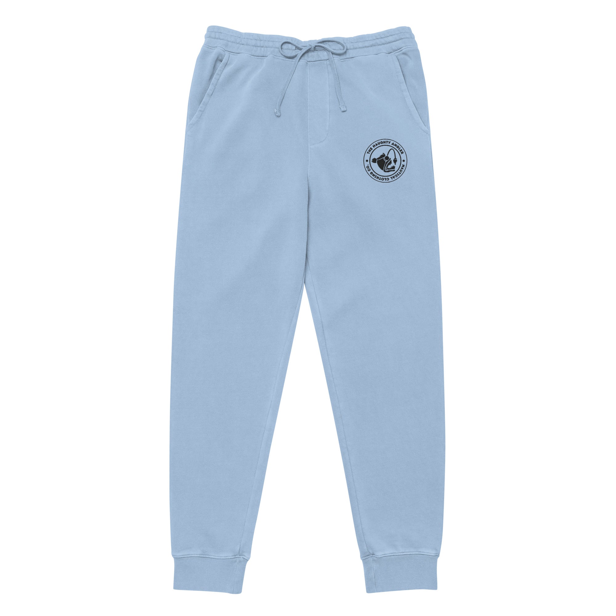 Front view of unisex pigment light blue pigment-dyed sweatpants with The Naughty Angler™ circular embroidered logo
