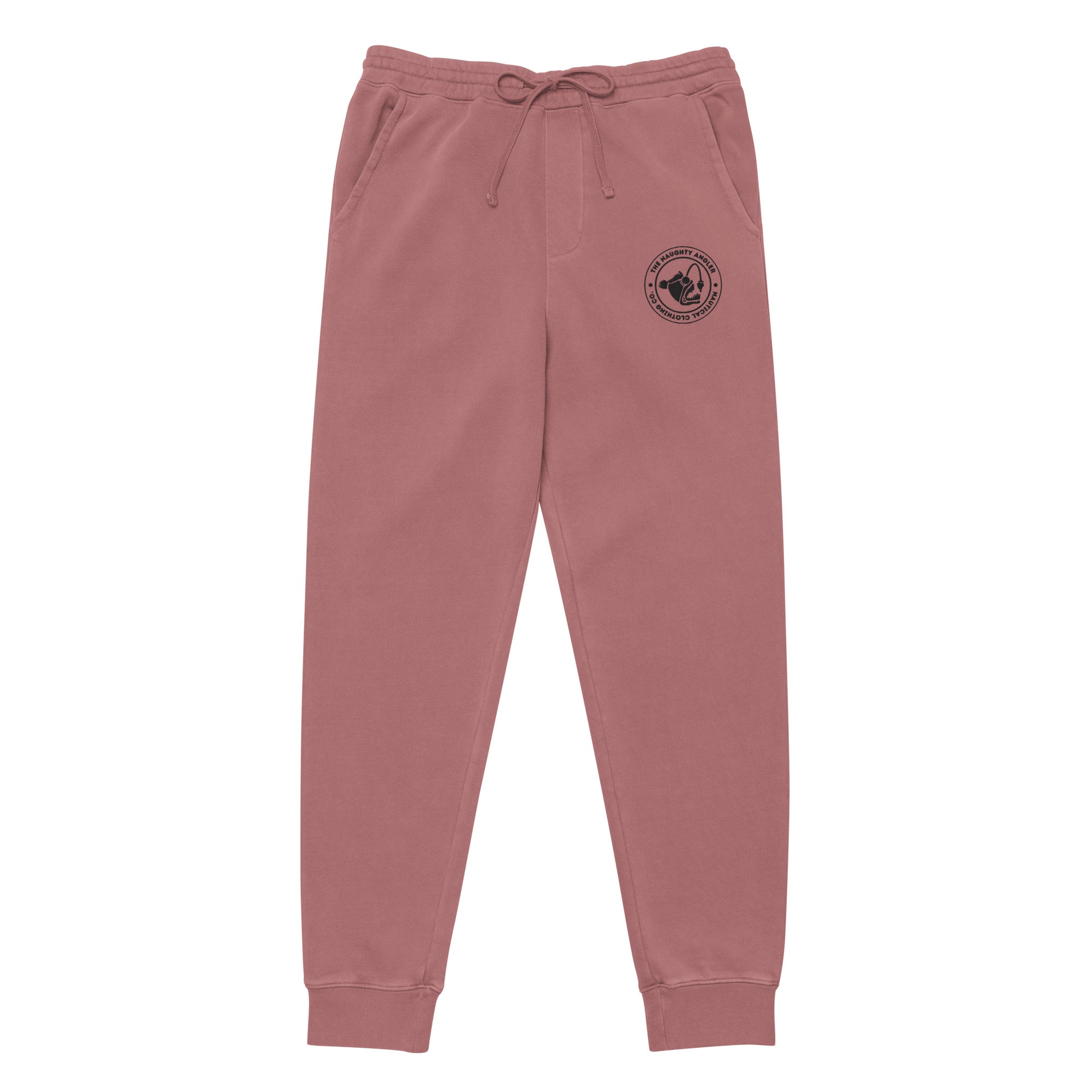 Front view of unisex pigment maroon pigment-dyed sweatpants with The Naughty Angler™ circular embroidered logo
