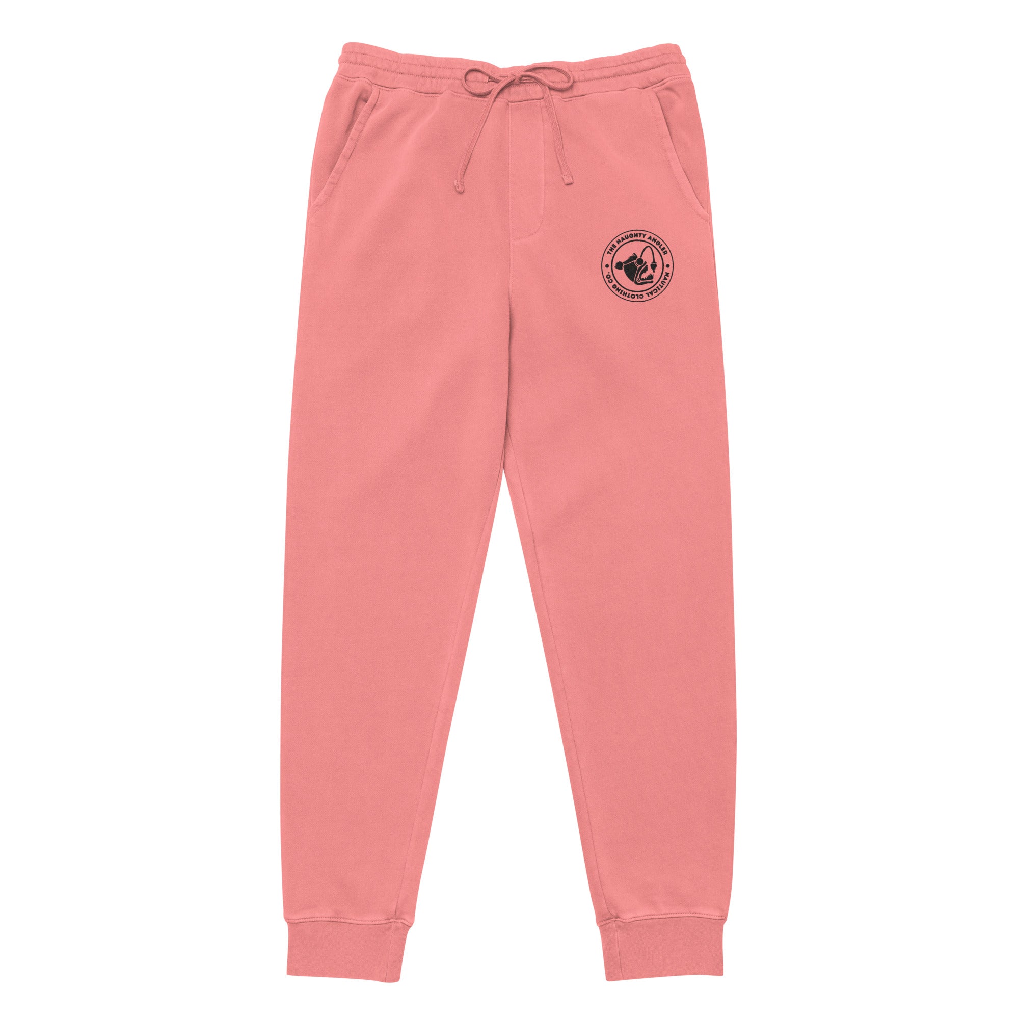 Front view of unisex pigment pink pigment-dyed sweatpants with The Naughty Angler™ circular embroidered logo
