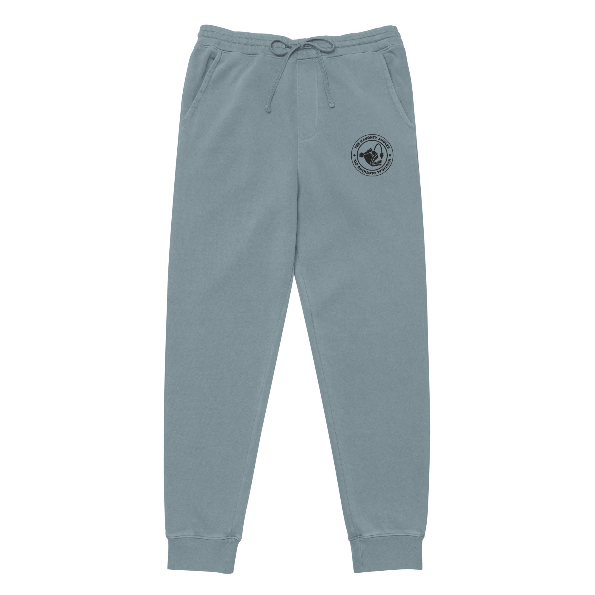 Front view of unisex pigment slate blue pigment-dyed sweatpants with The Naughty Angler™ circular embroidered logo
