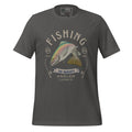 Front view of unisex asphalt T-shirt with vintage-style rainbow trout artwork and the wording “Fishing The Naughty Angler Clothing Co.”
