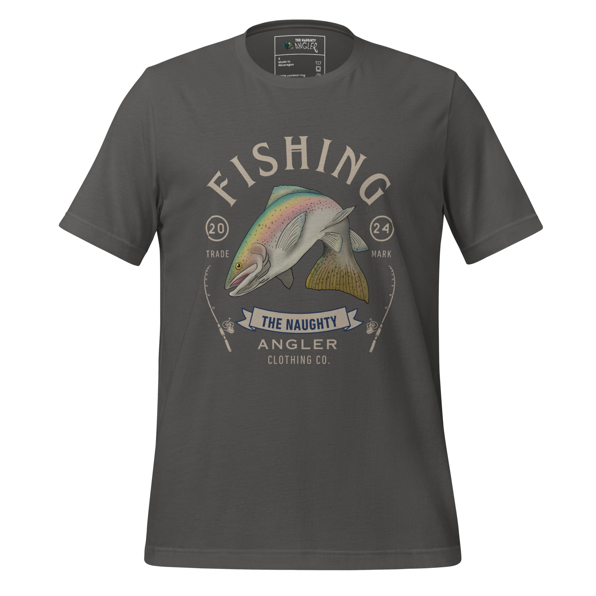 Front view of unisex asphalt T-shirt with vintage-style rainbow trout artwork and the wording “Fishing The Naughty Angler Clothing Co.”
