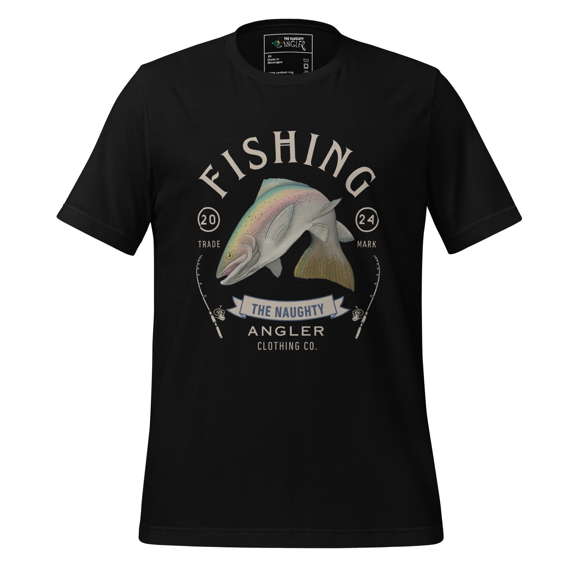 Front view of unisex black T-shirt with vintage-style rainbow trout artwork and the wording “Fishing The Naughty Angler Clothing Co.”
