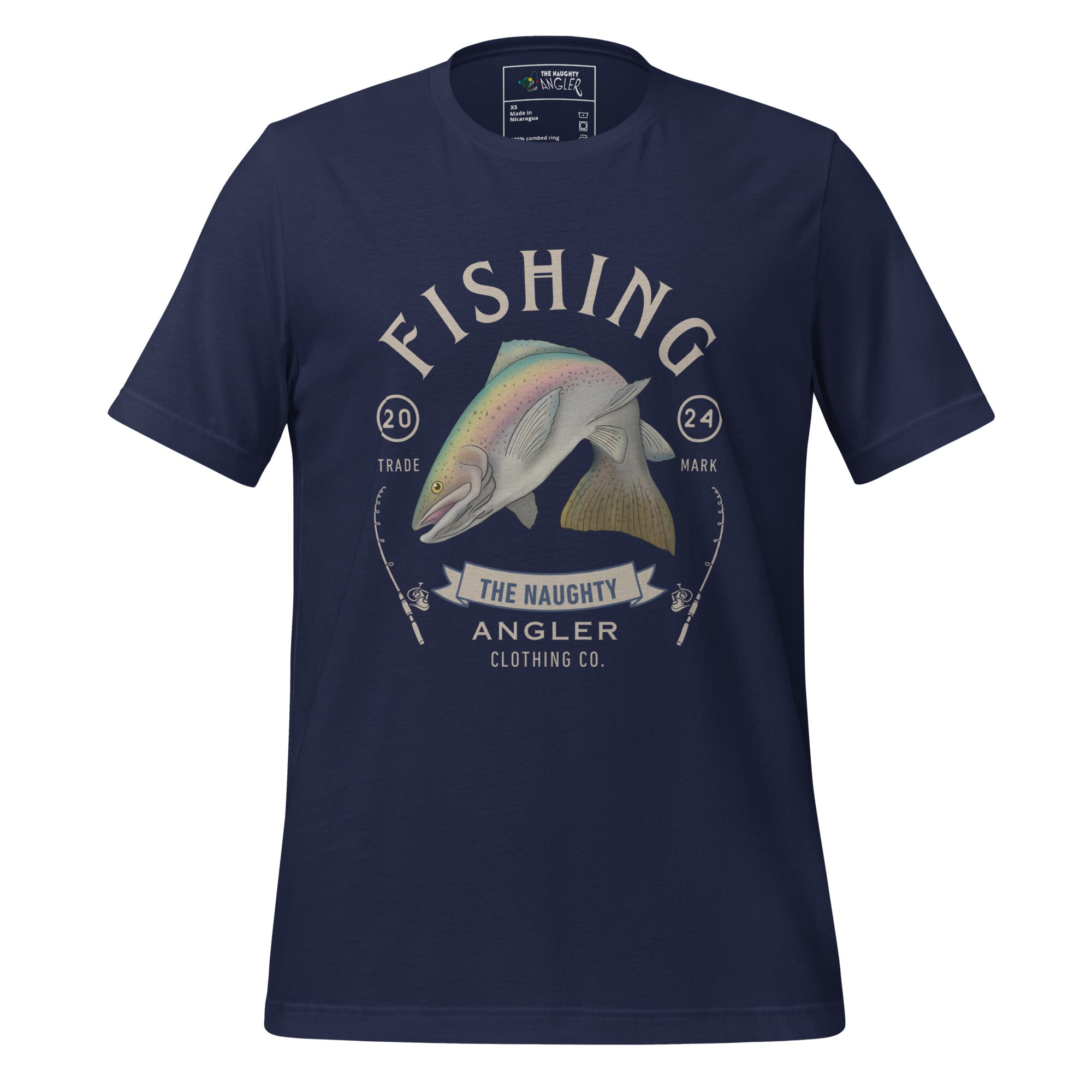 Front view of unisex navy T-shirt with vintage-style rainbow trout artwork and the wording “Fishing The Naughty Angler Clothing Co.”
