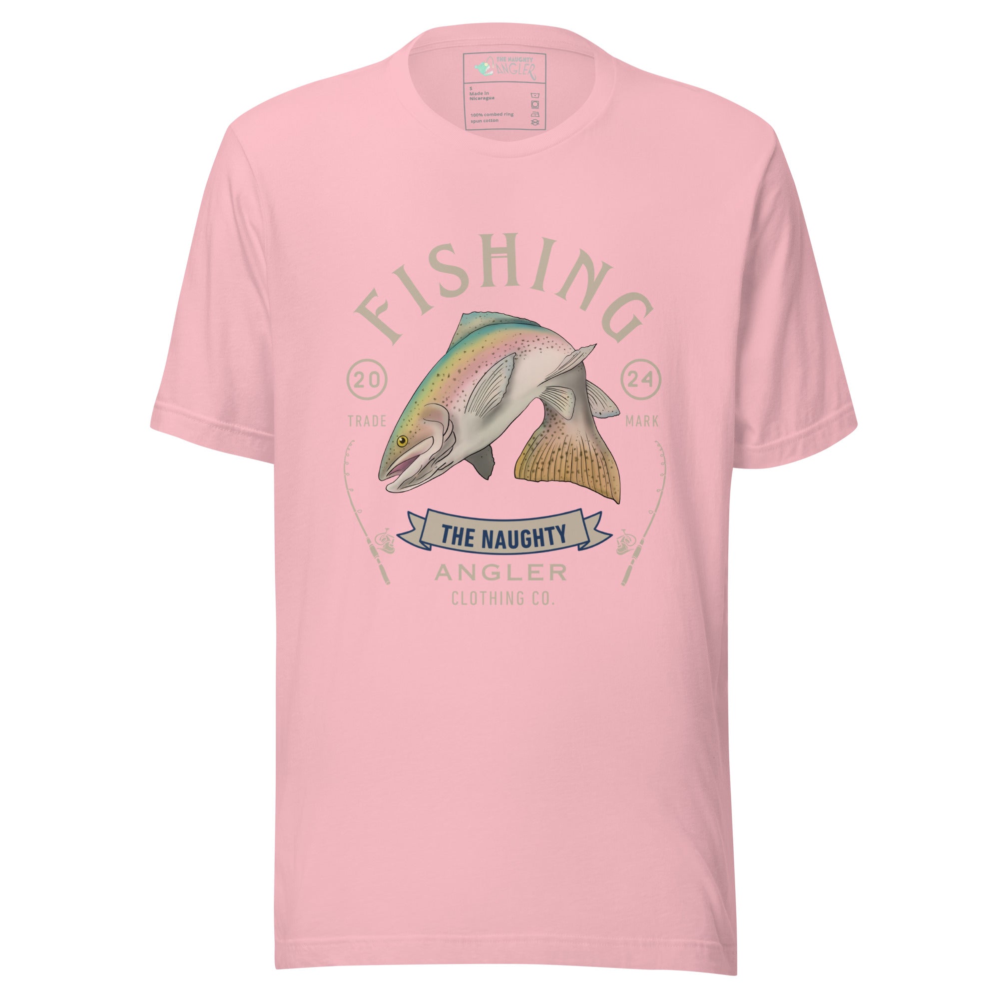 Front view of unisex pink T-shirt with vintage-style rainbow trout artwork and the wording “Fishing The Naughty Angler Clothing Co.”
