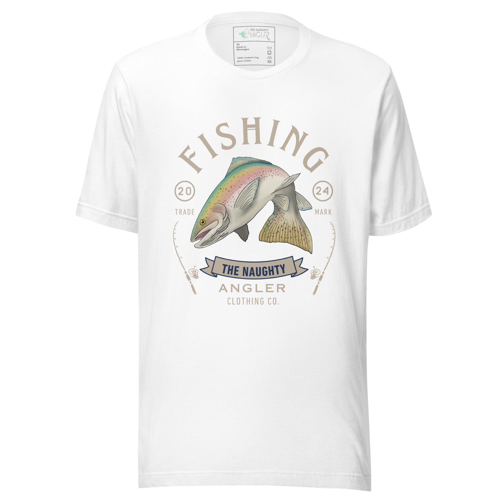 Front view of unisex white T-shirt with vintage-style rainbow trout artwork and the wording “Fishing The Naughty Angler Clothing Co.”
