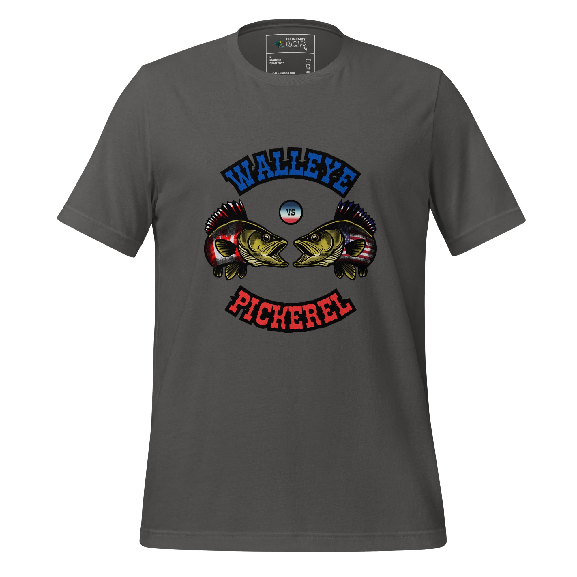 Front view of unisex asphalt T-shirt with bright blue and red illustration of walleye versus pickerel fish in a Canada versus USA fishing debate design by The Naughty Angler™
