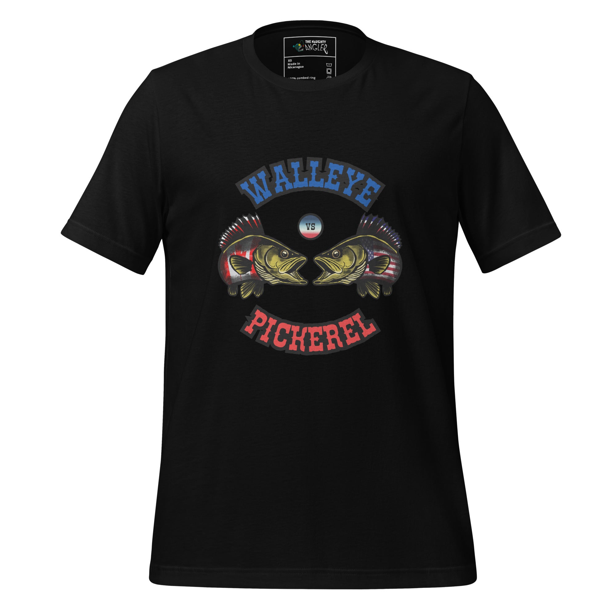 Front view of unisex black T-shirt with bright blue and red illustration of walleye versus pickerel fish in a Canada versus USA fishing debate design by The Naughty Angler™
