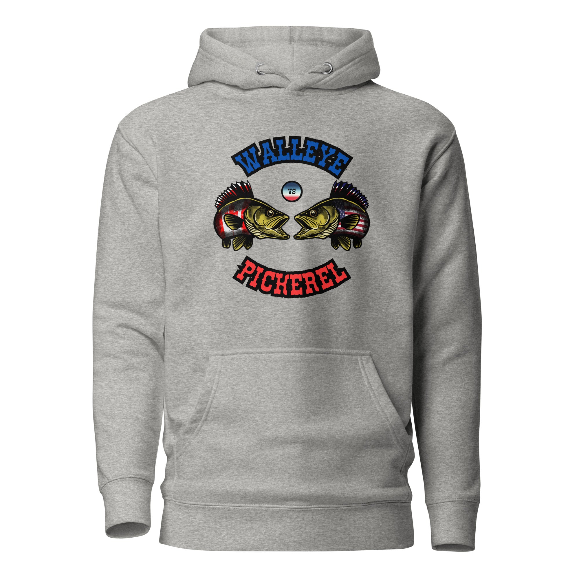 Front view of unisex carbon grey hoodie with bright blue and red illustration showing two walleye and pickerel fish in a Canada versus USA fishing debate design by The Naughty Angler™
