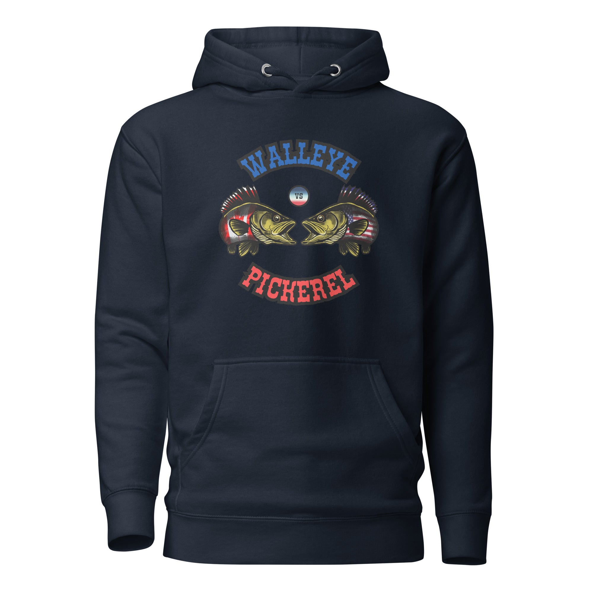 Front view of unisex navy blazer hoodie with bright blue and red illustration showing two walleye and pickerel fish in a Canada versus USA fishing debate design by The Naughty Angler™
