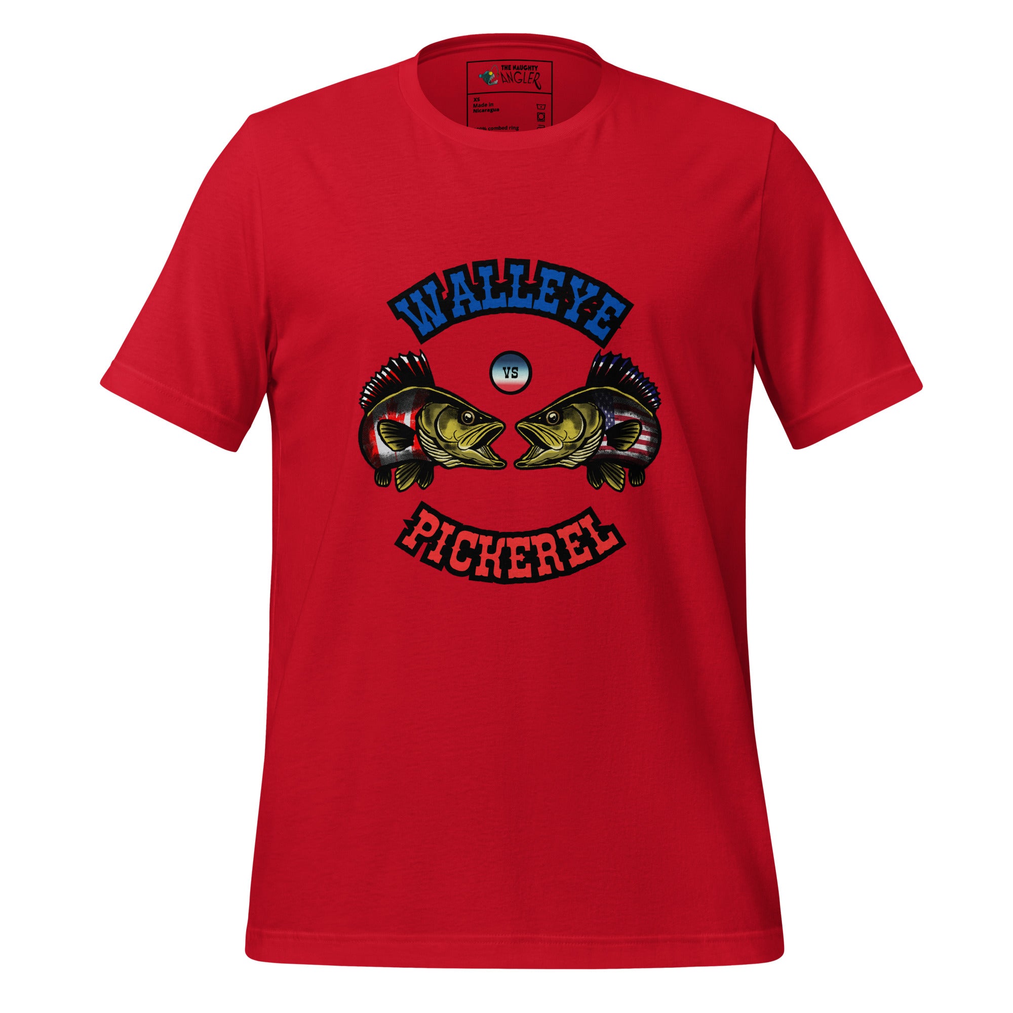Front view of unisex red T-shirt with bright blue and red illustration of walleye versus pickerel fish in a Canada versus USA fishing debate design by The Naughty Angler™
