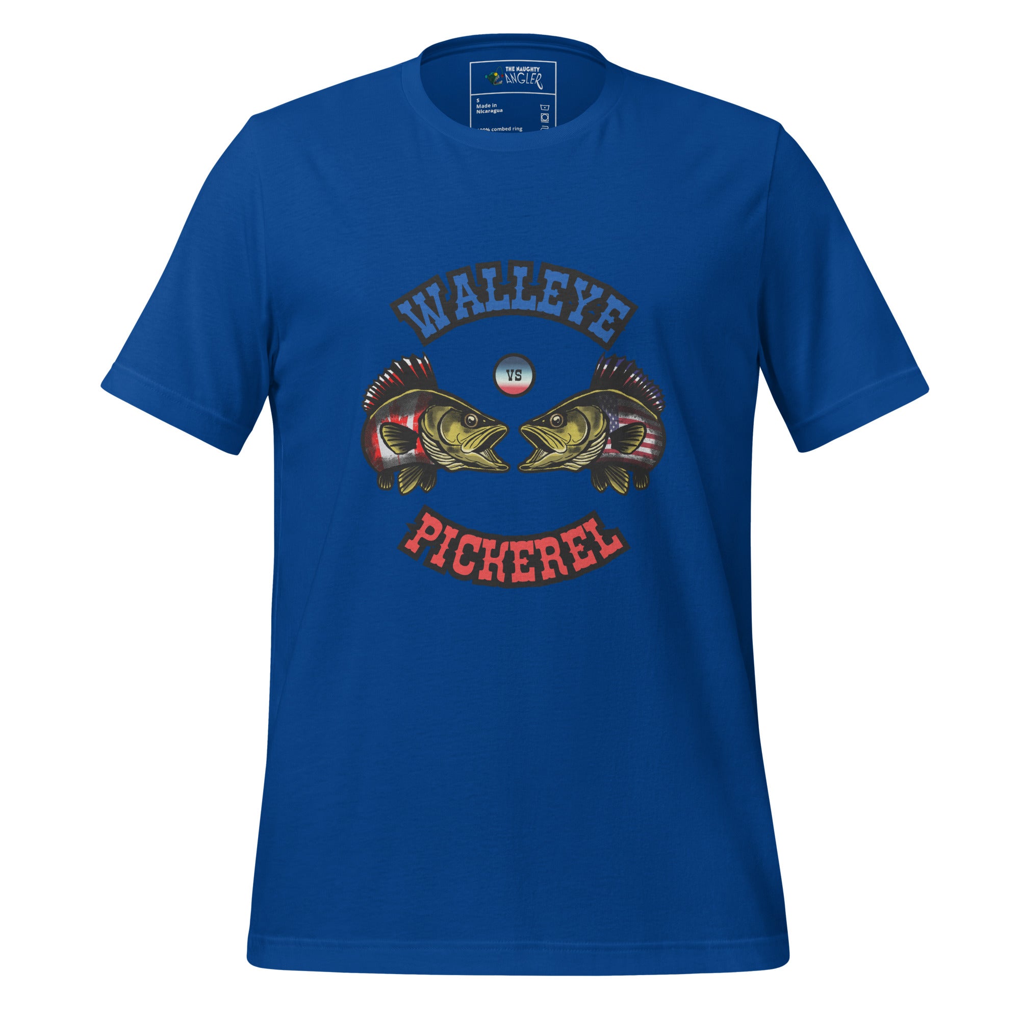 Front view of unisex true royal T-shirt with bright blue and red illustration of walleye versus pickerel fish in a Canada versus USA fishing debate design by The Naughty Angler™
