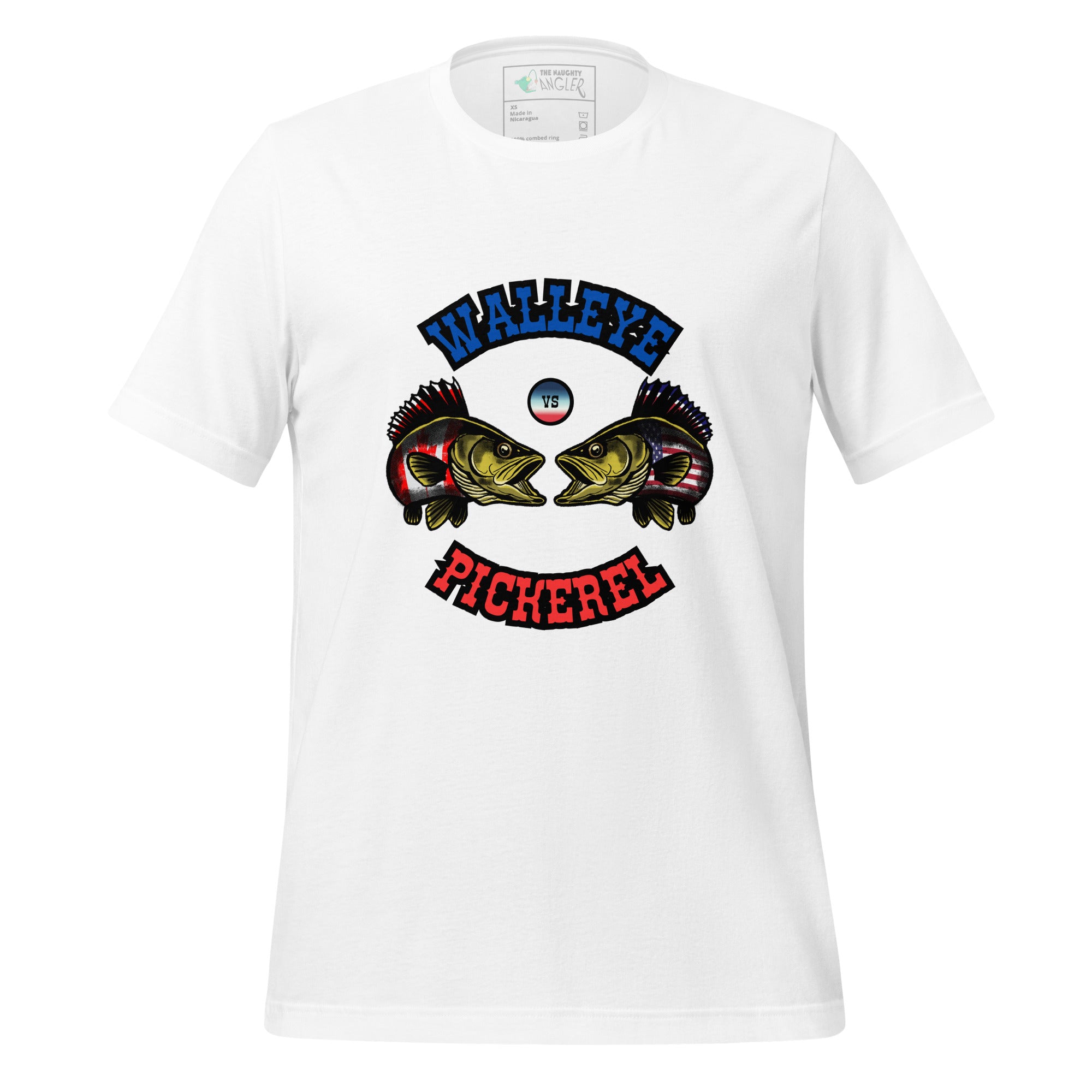 Front view of unisex white T-shirt with bright blue and red illustration of walleye versus pickerel fish in a Canada versus USA fishing debate design by The Naughty Angler™

