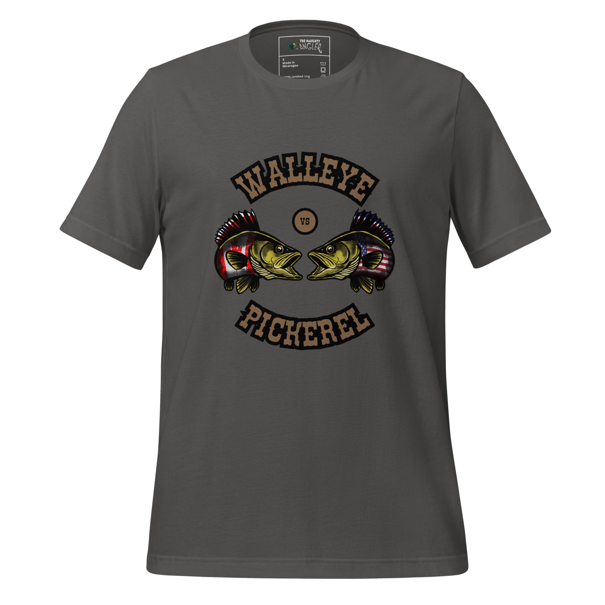 Front view of unisex asphalt T-shirt with vintage-style brown text and illustrated walleye versus pickerel fish in a Canada versus USA fishing debate design by The Naughty Angler™
