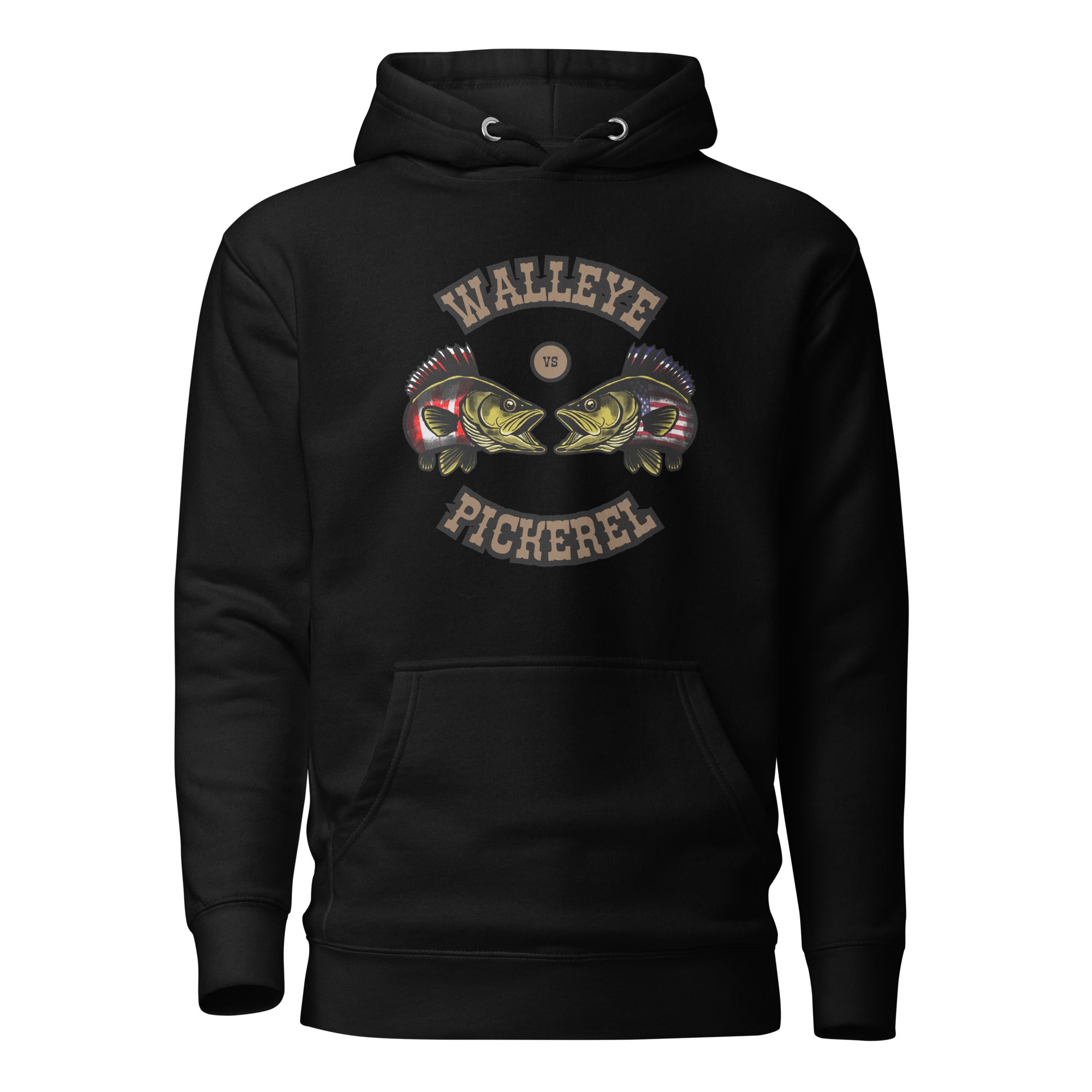 Front view of unisex black hoodie with vintage-style brown text and illustrated walleye versus pickerel fish in a Canada versus USA fishing debate design by The Naughty Angler™
